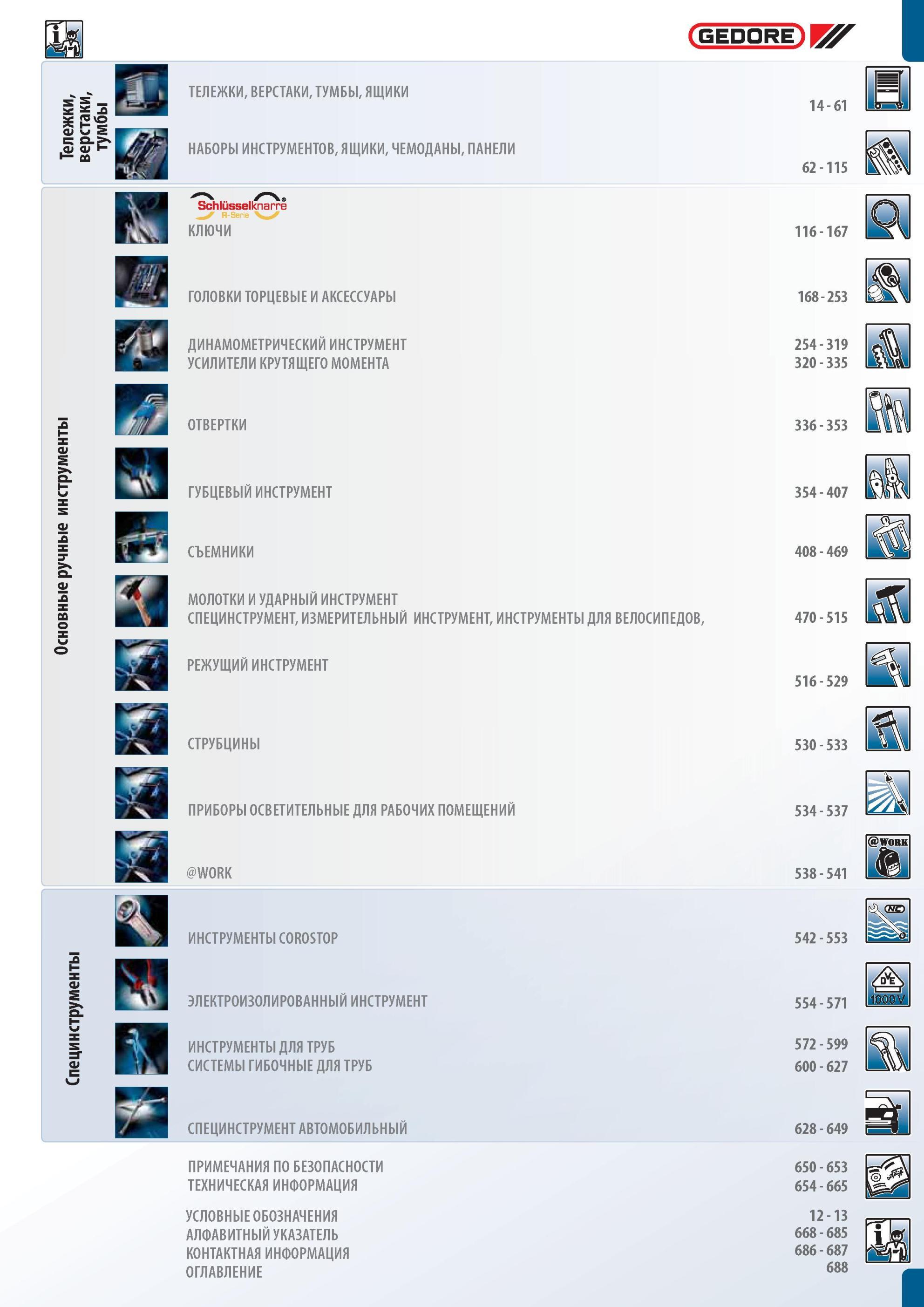 11 Краткое содержание каталога инструмента Gedore 2012 года на русском языке Тележки Наборы инструментов Ключи головки торцевые и аксессуары Динамометрический инструмент Каталог GEDORE 2012 Профессиональный ручной инструмент, специнструмент и инструментальная мебель Стр. 11
