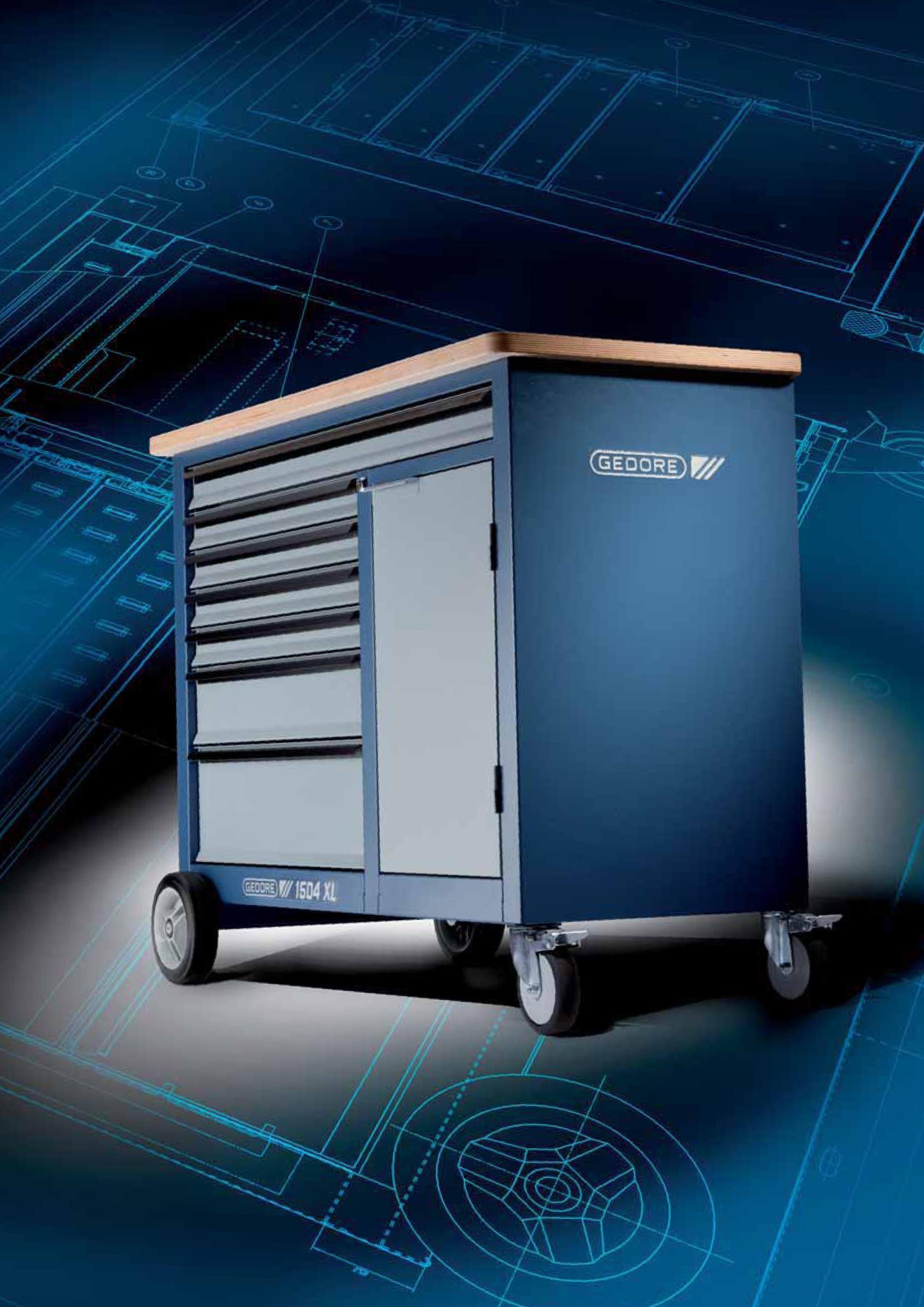 14 Изображение тележки Gedore 1504 XL Стенд тележка Инструментальная выдвижные ящики на колесиках с рабочей панелью на роликах Каталог GEDORE 2012 Профессиональный ручной инструмент, специнструмент и инструментальная мебель Стр. 14