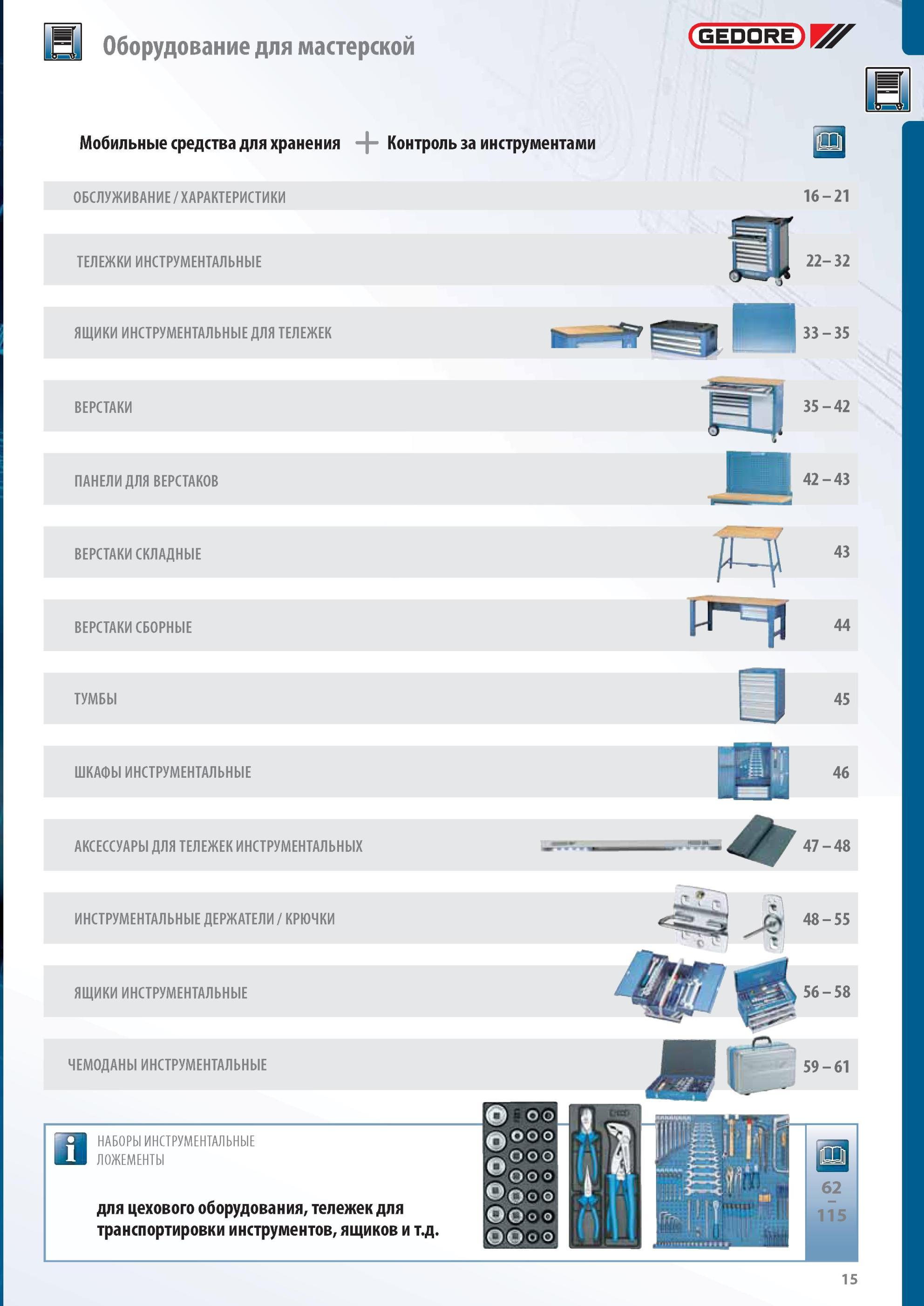 15 Оборудование Gedore для мастерской Содержание раздела каталога на русском языке Тележки инструментальные Верстаки Чемоданы Ложементы Аксессуары Каталог GEDORE 2012 Профессиональный ручной инструмент, специнструмент и инструментальная мебель Стр. 15