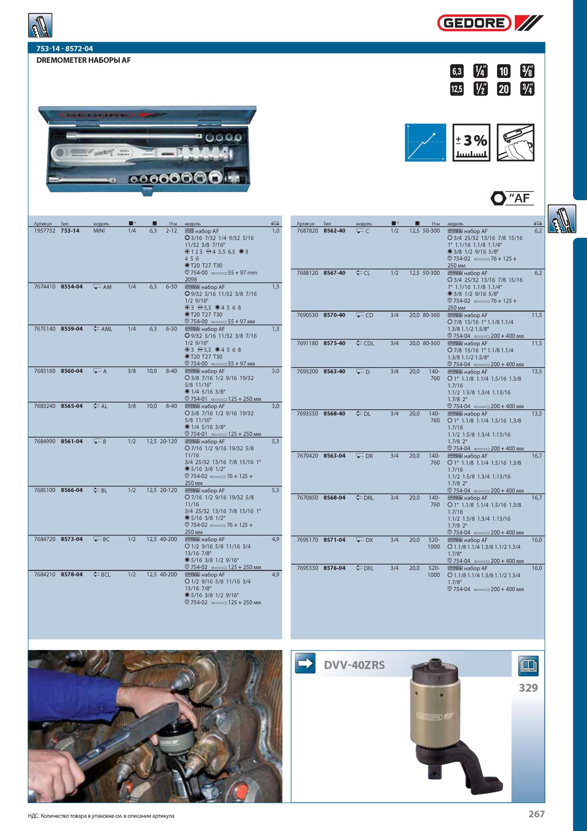 267 Динамометрический инструмент Gedore 753-14 8572-04 DREMOMETER НАБОРЫ AF Артикул Тип модель И’М модель 1957732 753-14 MINI 6,3 2-12 набор AF О 3/16 7/32 1/4 9/32 5/16 Каталог GEDORE 2012 Профессиональный ручной инструмент, специнструмент и инструментальная мебель Стр. 267