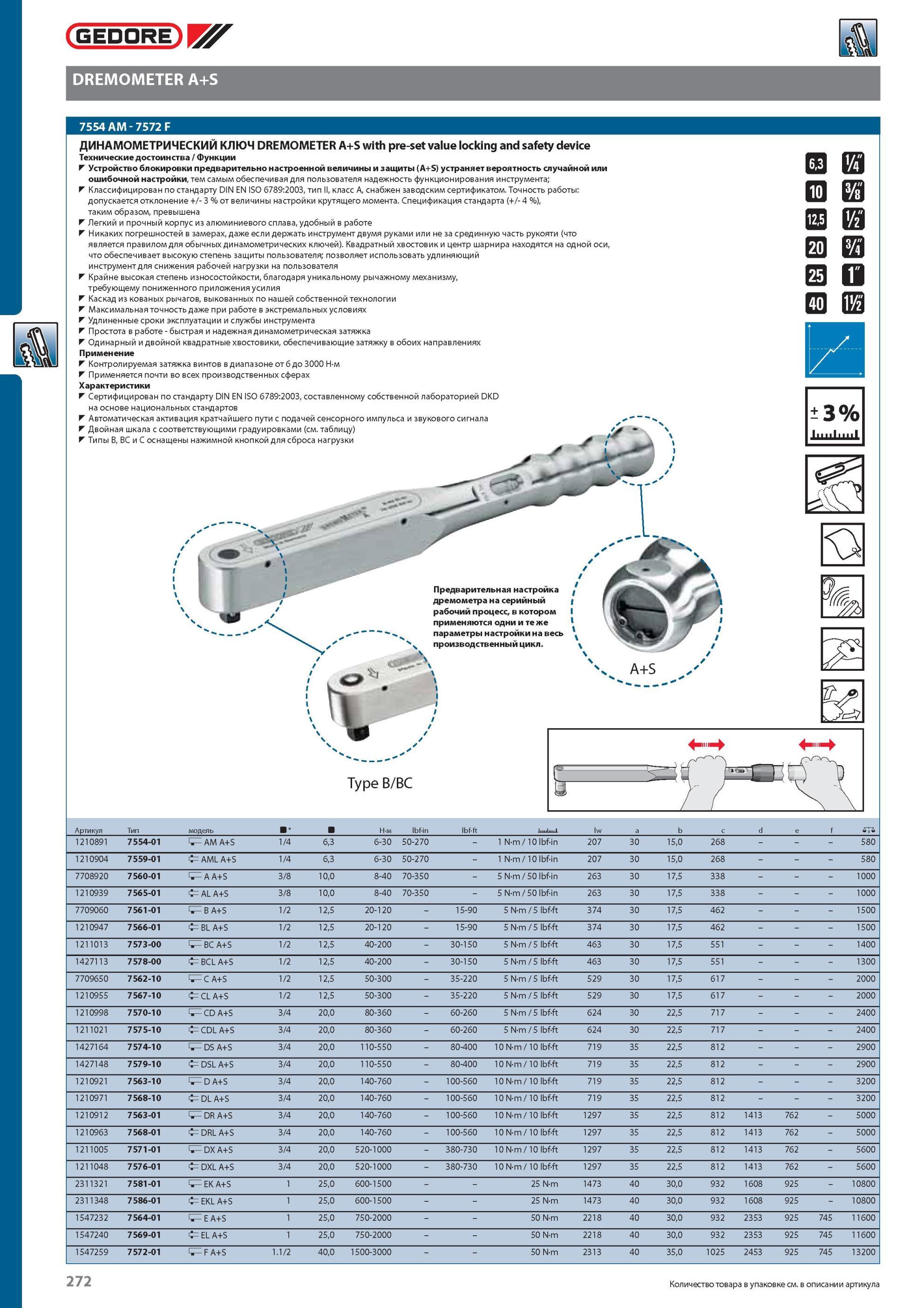 272 ДИНАМОМЕТРИЧЕСКИЙ КЛЮЧ GEDORE DREMOMETER A+S with pre-setvaluelocking andsafetydevice Технические достоинства / Функции Устройство блокировки предварительно настроен Каталог GEDORE 2012 Профессиональный ручной инструмент, специнструмент и инструментальная мебель Стр. 272