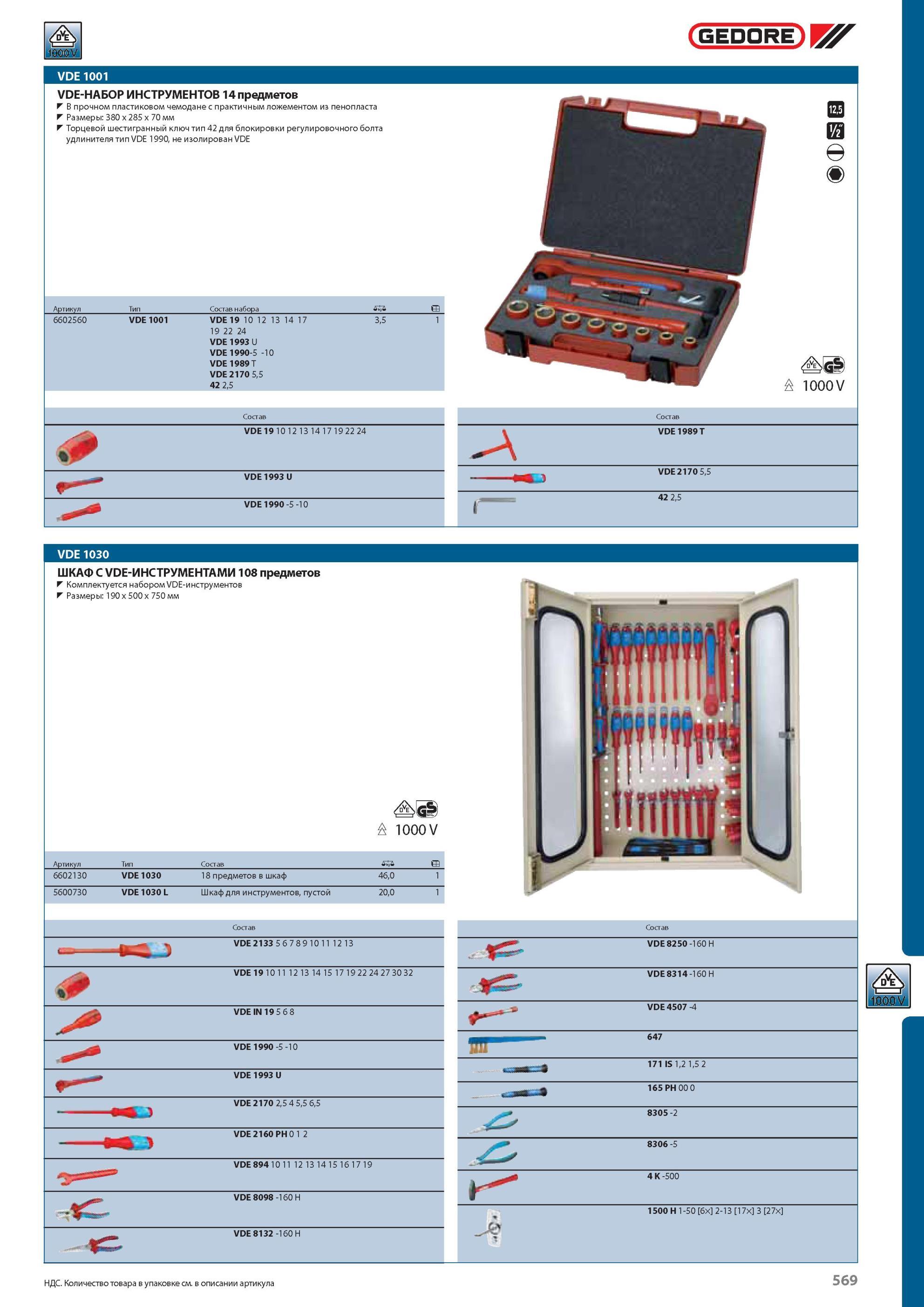 569 VDE-НАБОР ИНСТРУМЕНТОВ GEDORE 14 предметов В прочном пластиковом чемодане с практичным ложементом из пенопласта Размеры 380 x 285 x 70 мм Торцевой шестигранный ключ Каталог GEDORE 2012 Профессиональный ручной инструмент, специнструмент и инструментальная мебель Стр. 569