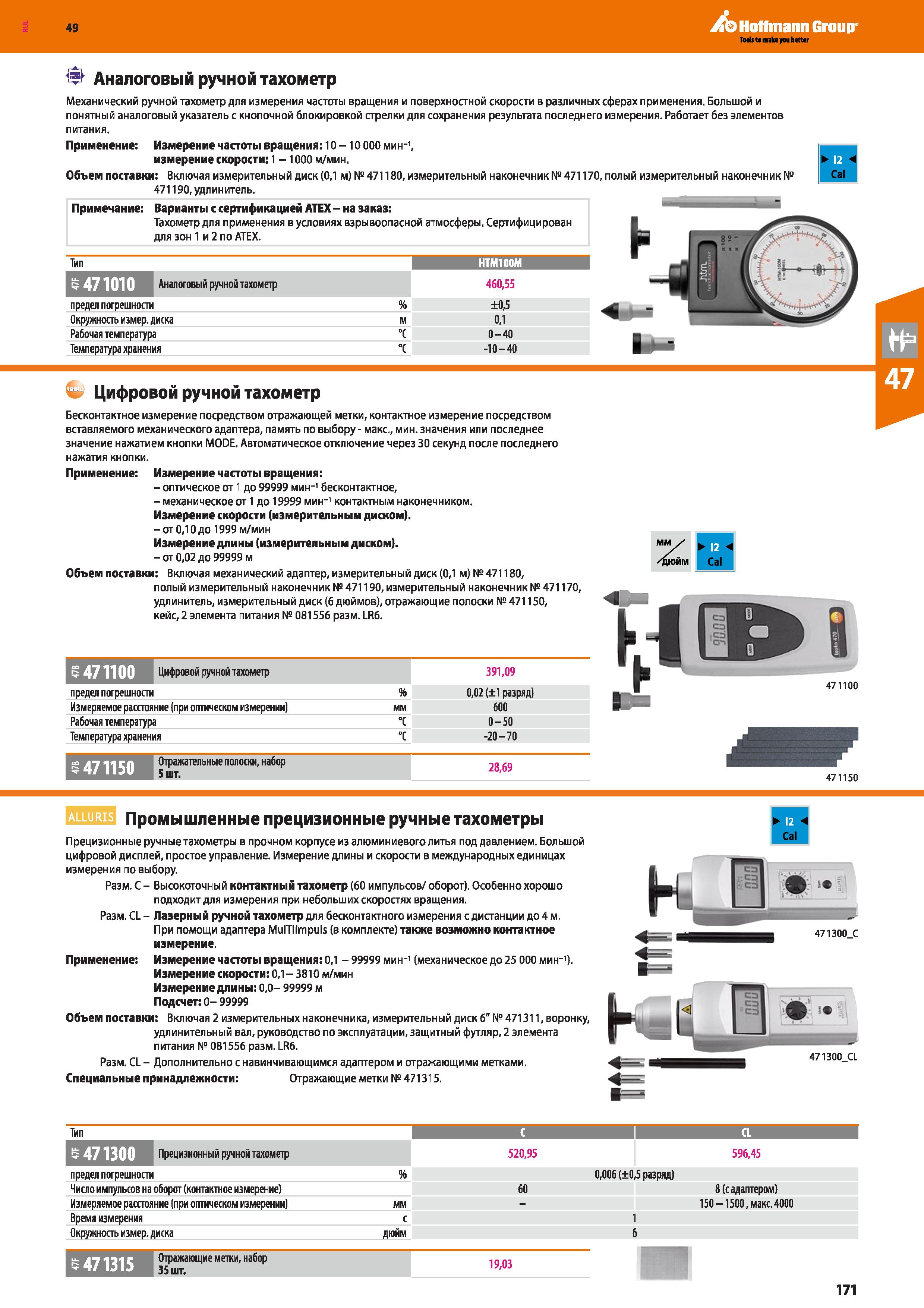 171 Механический ручной тахометр для измерения частоты вращения и поверхностной скорости в различных сферах применения Каталог HOFFMANN GROUP 2018 Инструмент ручной Слесарный и механизированный Измерительные приборы и инструменты Производственный инвентарь Стр. 171