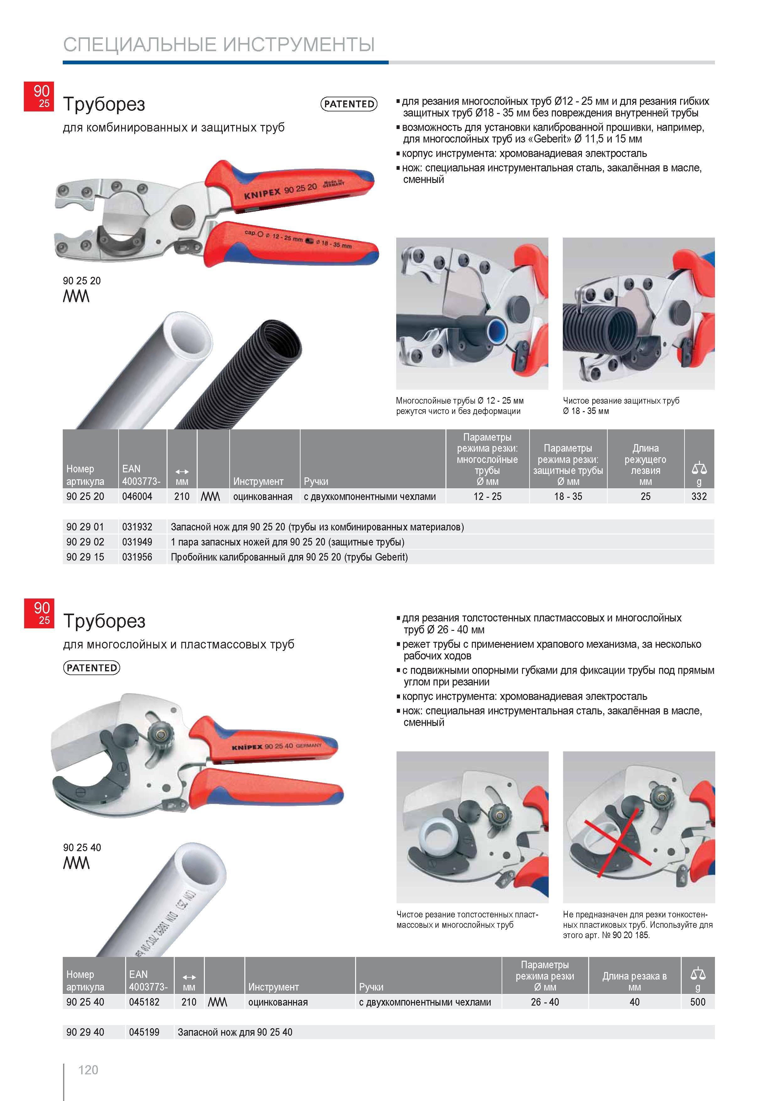 120 Труборез Knipex для комбинированных и защитных труб диаметром 12-25 мм и для резания гибких защитных труб диаметром 18-35мм без повреждения внутренней трубы возможно Каталог KNIPEX 2014 Профессиональный ручной инструмент для удаления изоляции Плоскогубцы Кусачки Ножницы Клещи Бокорезы Стр. 120