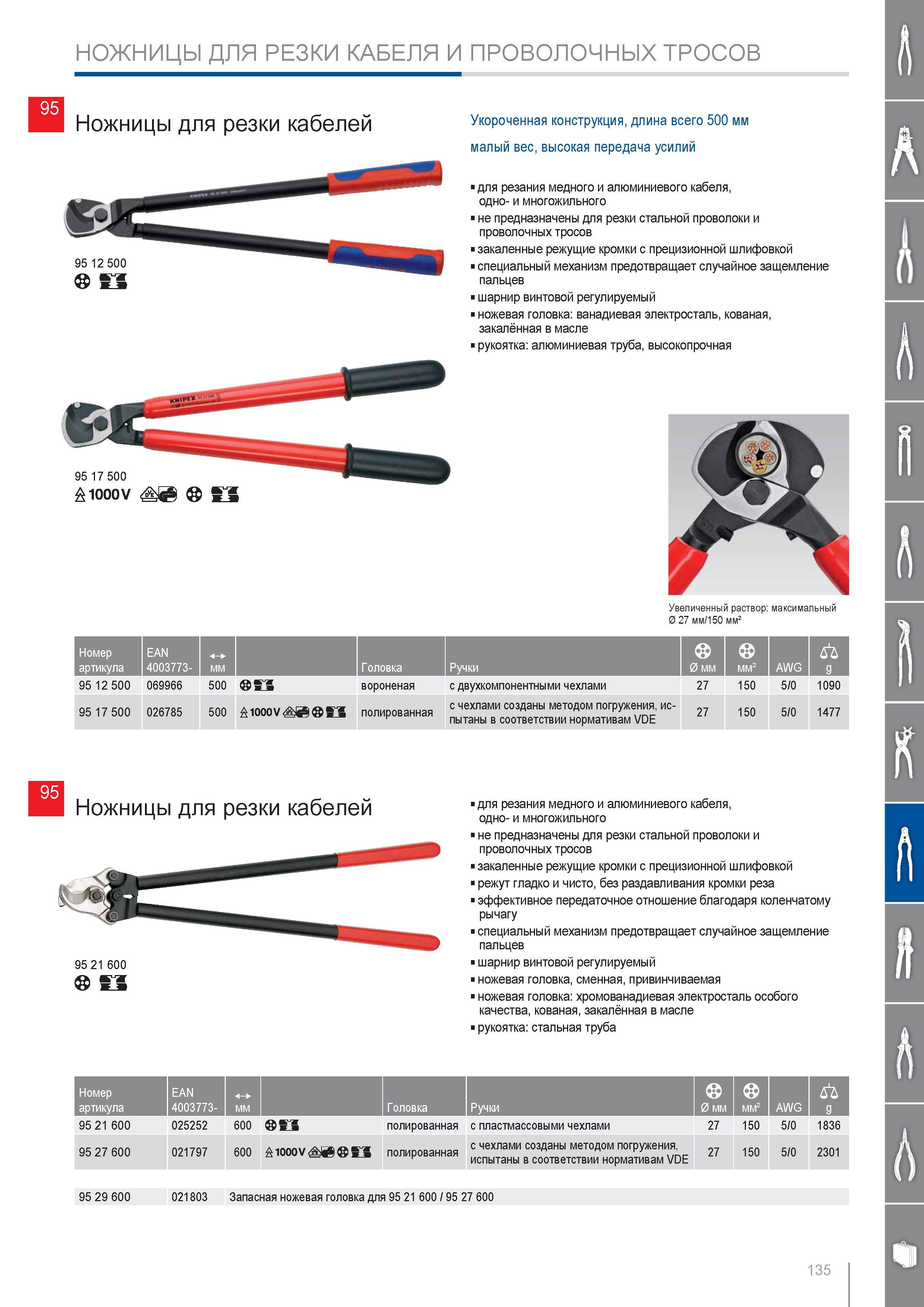 135 Ножницы Knipex для резки медного и алюминиевого кабеля одно- и многожильного Закаленные режущие кромки с прецизионной шлифовкой режут гладко и чисто без раздавливани Каталог KNIPEX 2014 Профессиональный ручной инструмент для удаления изоляции Плоскогубцы Кусачки Ножницы Клещи Бокорезы Стр. 135