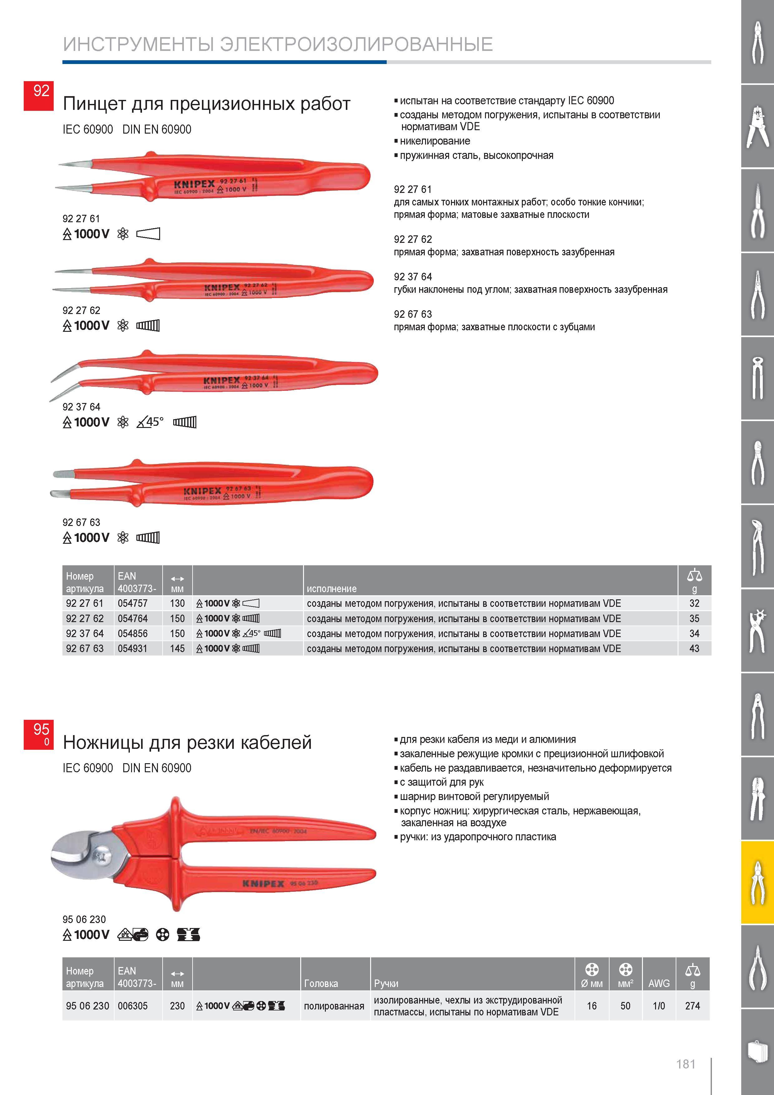 181 Пинцет Knipex для прецизионных работ IEC 60900 DIN EN 60900 1000V испытан на соответствие стандарту IEC 60900 созданы методом погружения испытаны в соответствии норм Каталог KNIPEX 2014 Профессиональный ручной инструмент для удаления изоляции Плоскогубцы Кусачки Ножницы Клещи Бокорезы Стр. 181