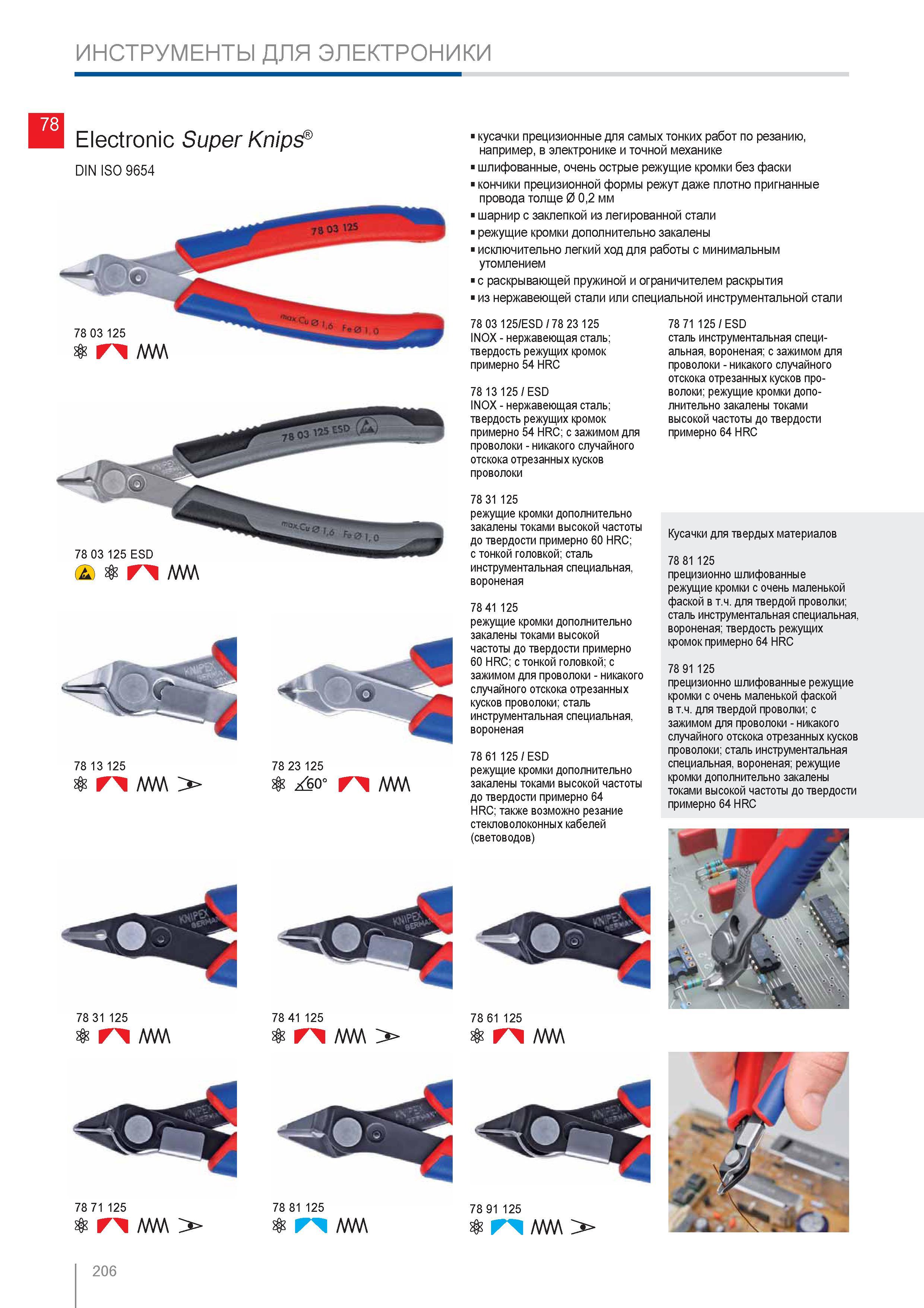 206 Кусачки прецизионные Knipex для самых тонких работ по резанию в электронике и точной механике Шлифованные очень острые режущие кромки без фаски кончики прецизионной Каталог KNIPEX 2014 Профессиональный ручной инструмент для удаления изоляции Плоскогубцы Кусачки Ножницы Клещи Бокорезы Стр. 206