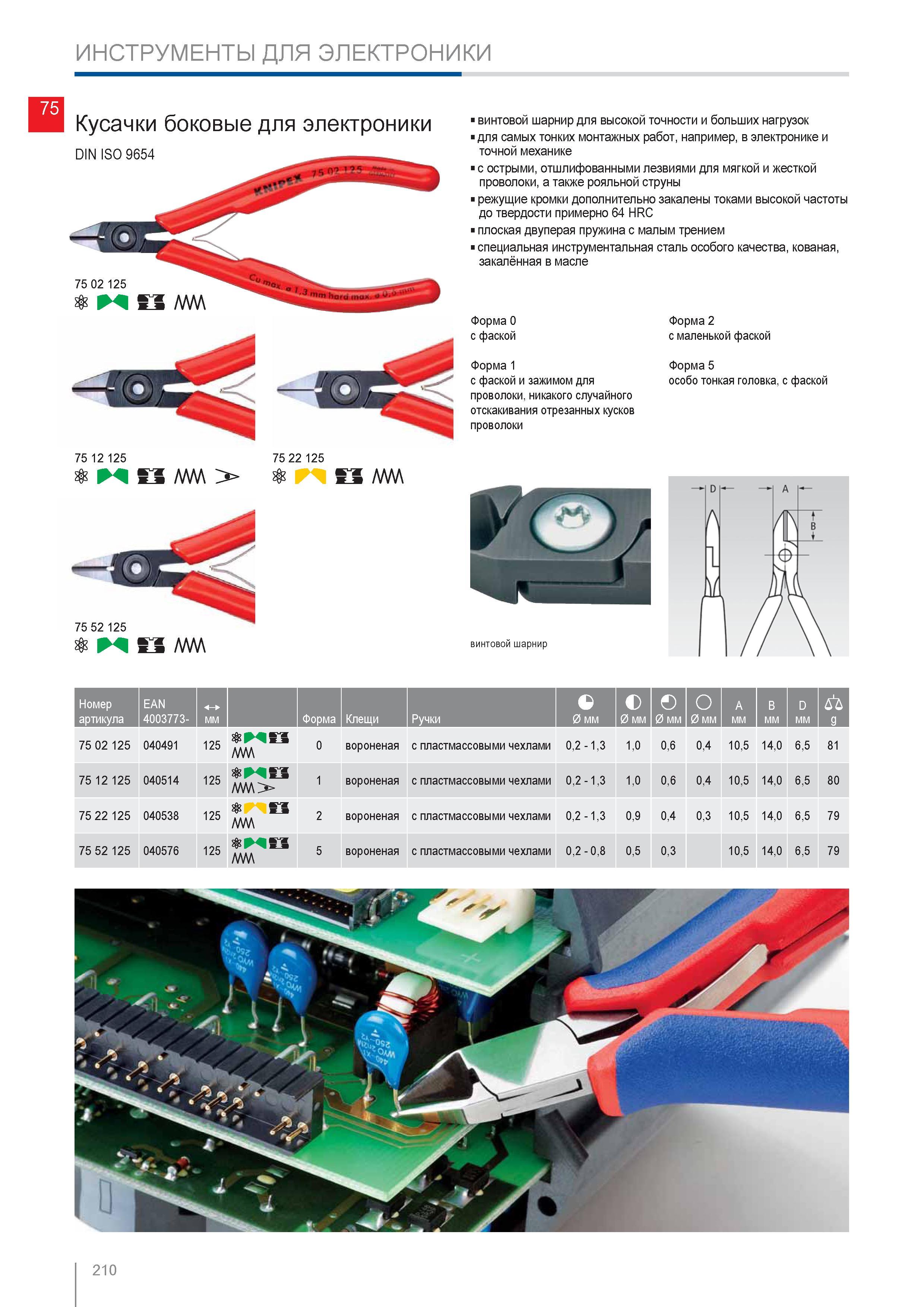 210 Кусачки боковые Knipex для электроники DIN ISO 9654 Винтовой шарнир для высокой точности и больших нагрузок для самых тонких монтажных работ в электронике и точной м Каталог KNIPEX 2014 Профессиональный ручной инструмент для удаления изоляции Плоскогубцы Кусачки Ножницы Клещи Бокорезы Стр. 210