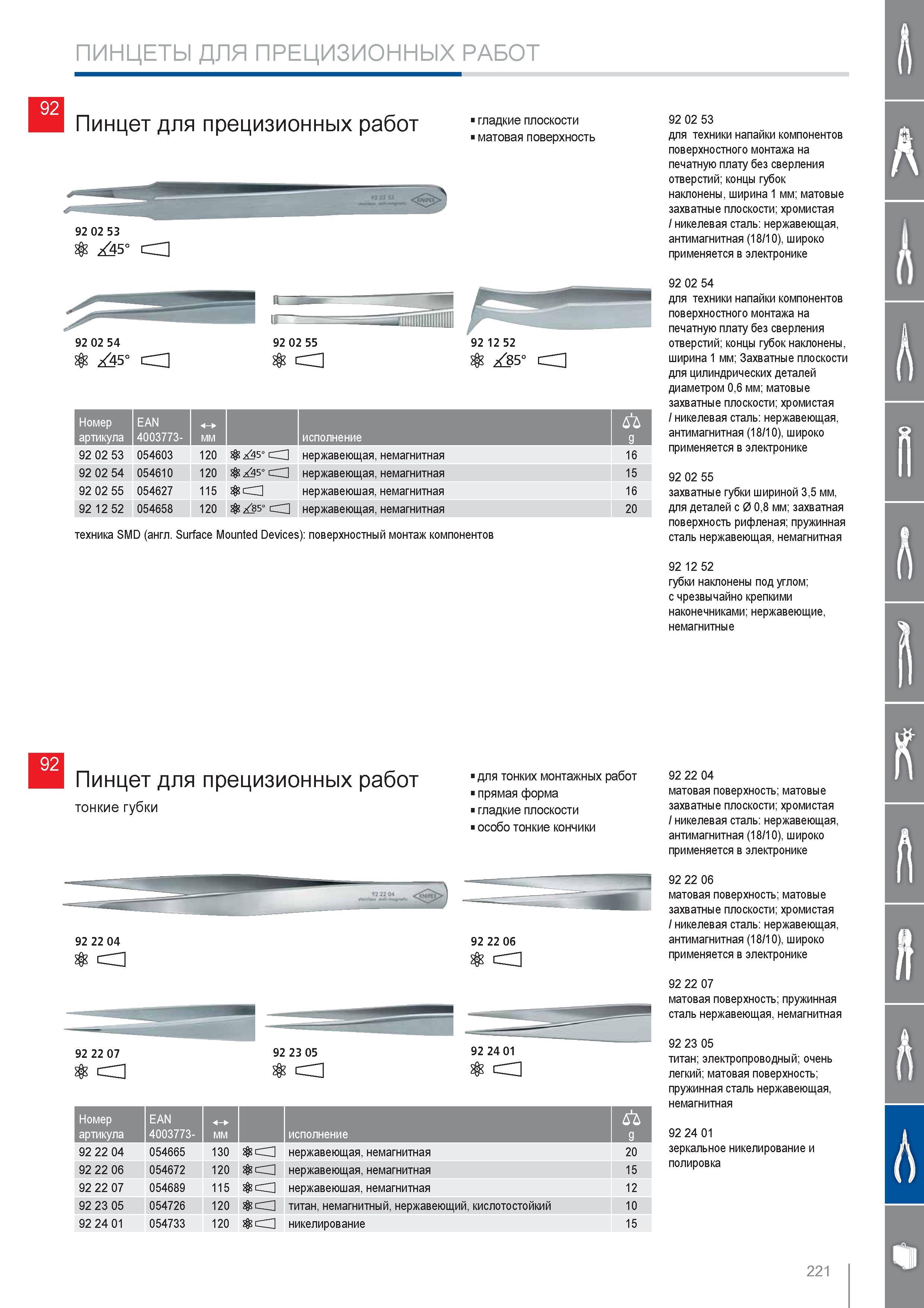 221 Пинцет Knipex для прецизионных работ гладкие плоскости матовая поверхность для техники напайки компонентов поверхностного монтажа на печатную плату без сверления отв Каталог KNIPEX 2014 Профессиональный ручной инструмент для удаления изоляции Плоскогубцы Кусачки Ножницы Клещи Бокорезы Стр. 221