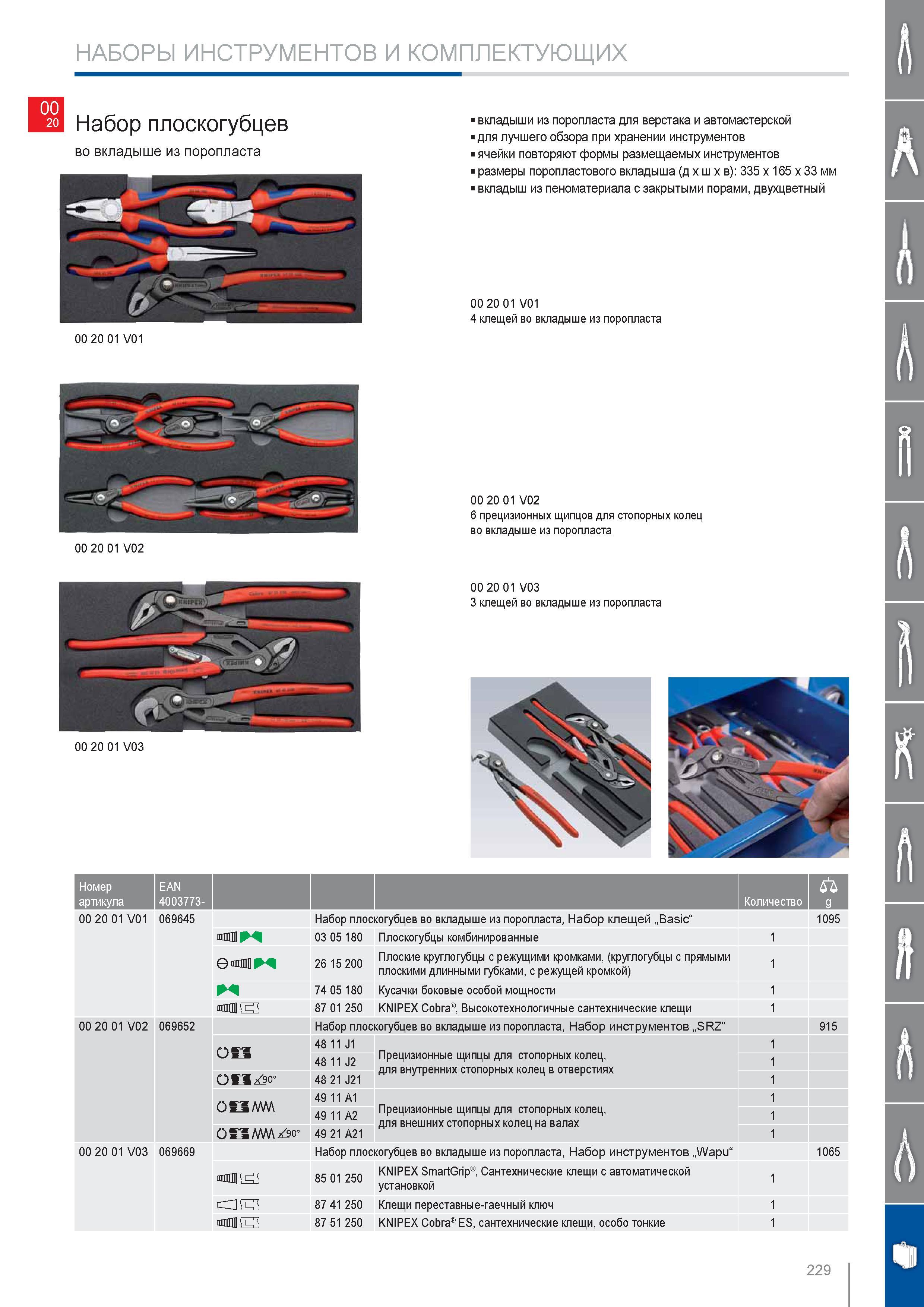 229 Набор плоскогубцев Knipex во вкладыше из поропласта для верстака и автомастерской для лучшего обзора при хранении инструментов ячейки повторяют формы размещаемых инс Каталог KNIPEX 2014 Профессиональный ручной инструмент для удаления изоляции Плоскогубцы Кусачки Ножницы Клещи Бокорезы Стр. 229