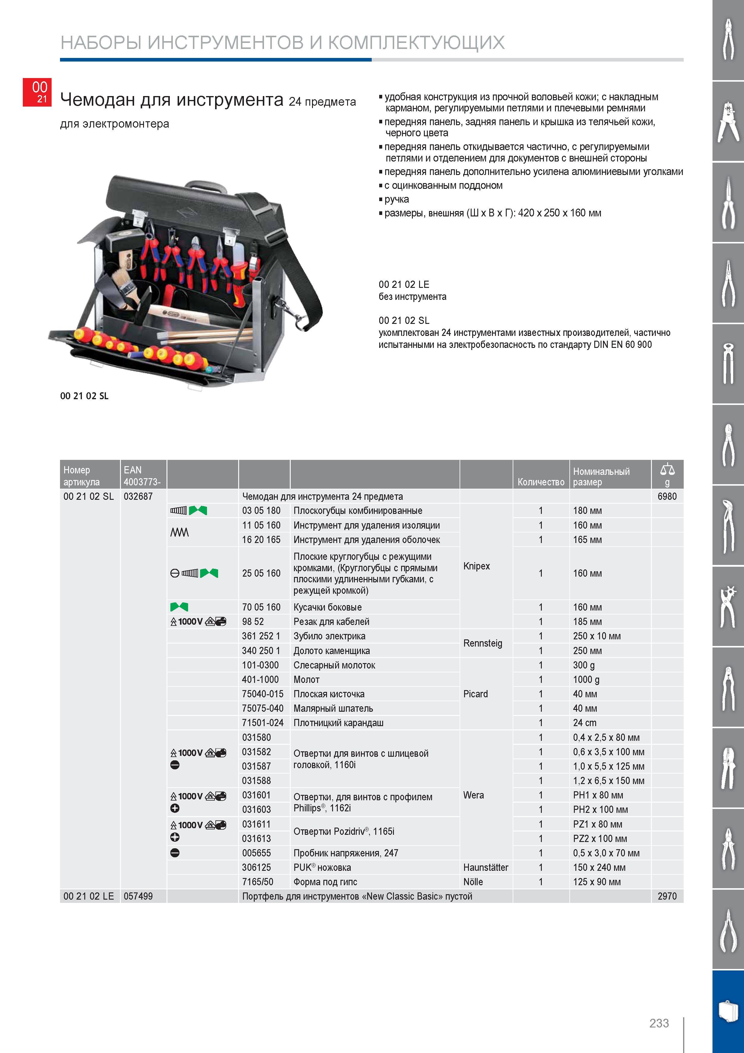 233 Чемодан Knipex для инструмента 24 предмета для электромонтера удобная конструкция из прочной воловьей кожи с накладным карманом регулируемыми петлями и плечевыми рем Каталог KNIPEX 2014 Профессиональный ручной инструмент для удаления изоляции Плоскогубцы Кусачки Ножницы Клещи Бокорезы Стр. 233