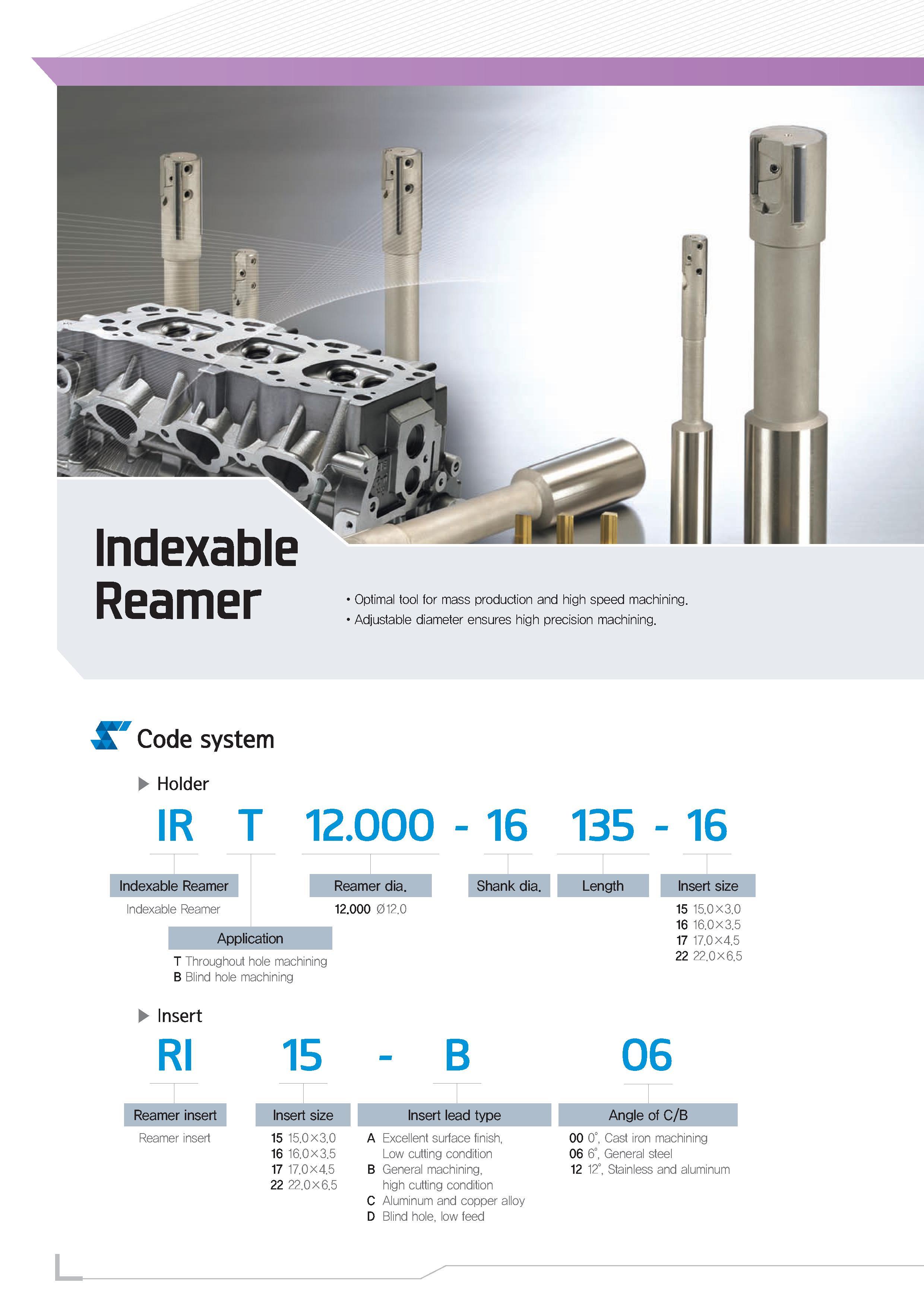 38 I- Indexable Reamer Optimal tool for mass production and high speed machining Adjustable diameter ensures high precision machining X Code system Каталог KORLOY 2012 Специальный режущий инструмент для металлообработки Наружное точение Растачивание Фрезерование сборными и монолитными фрезами Сверление Стр. 38