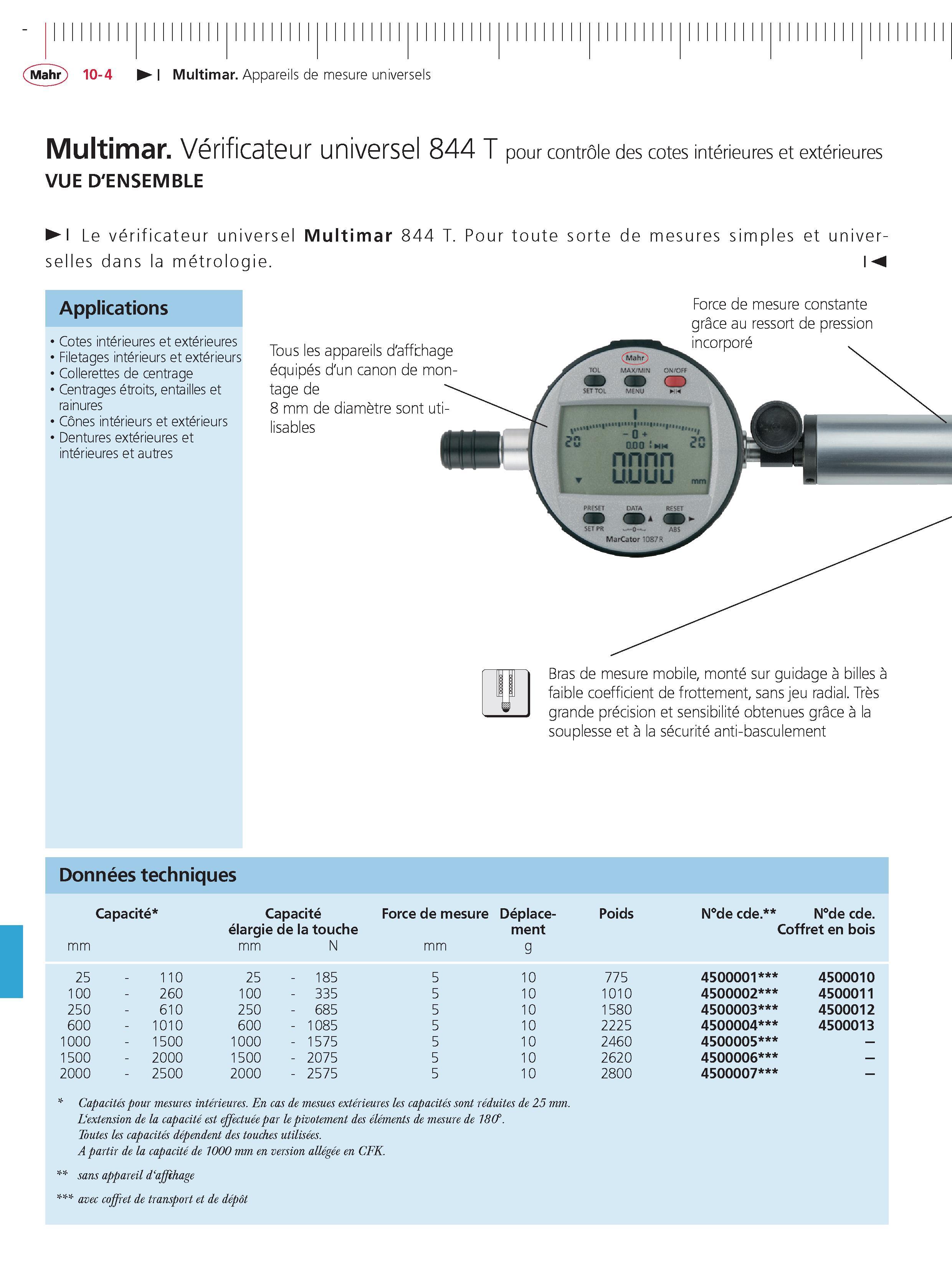 278 Multimar Appareils de mesure universels Multimar Verificateur universel 844 T pour controle des cotes interieures et exterieures vue D'ENSEMBL Каталог MAHR 2011 Измерительный инструмент приборы оборудование для линейно-угловых измерений на промышленных предприятиях Стр. 10-4 FRA