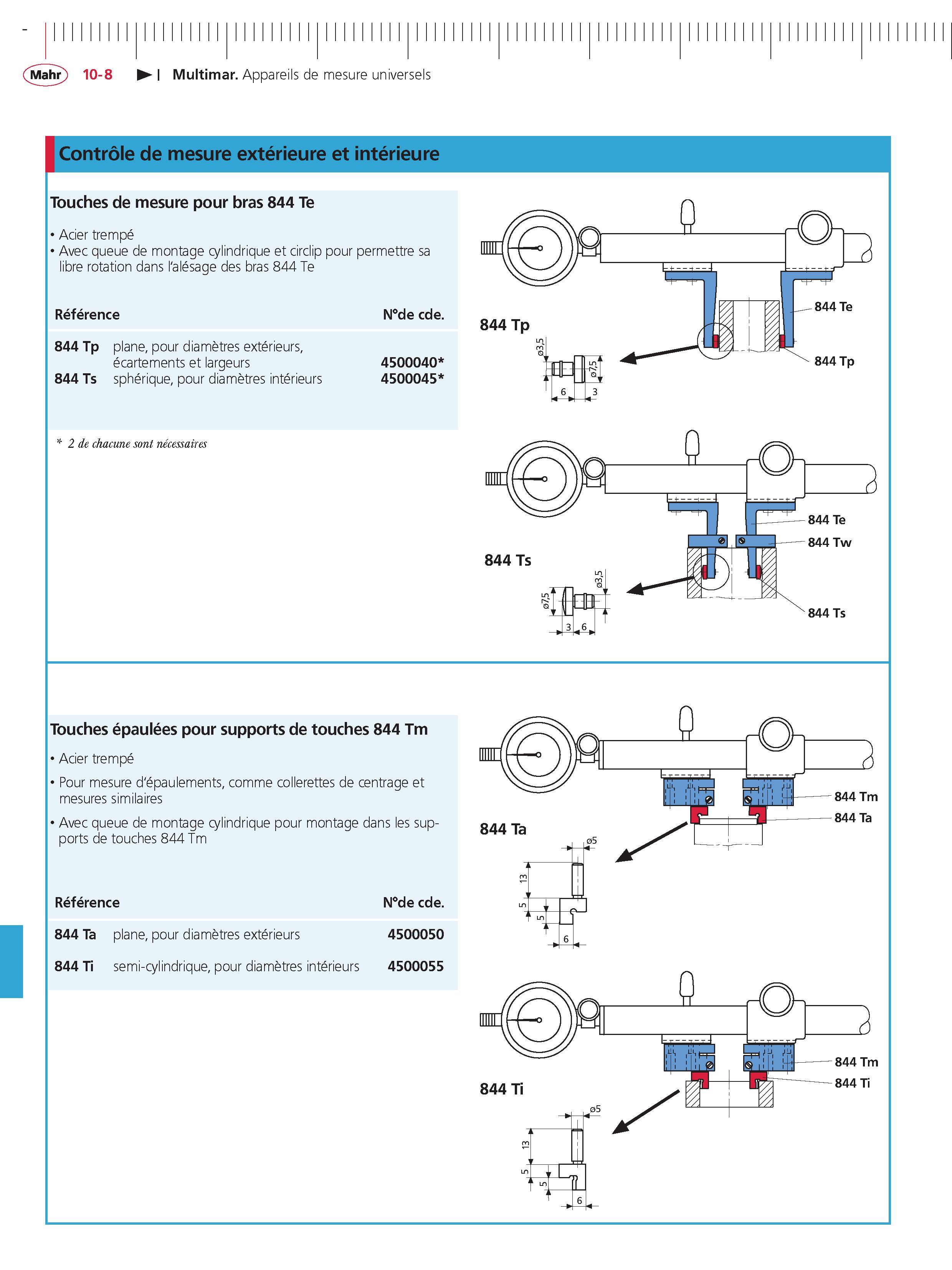 282 Multimar Appareils de mesure universels Controle de mesure exterieure et interieure Touches de mesure pour bras 844 Te Acier trempe Avec queue Каталог MAHR 2011 Измерительный инструмент приборы оборудование для линейно-угловых измерений на промышленных предприятиях Стр. 10-8 FRA
