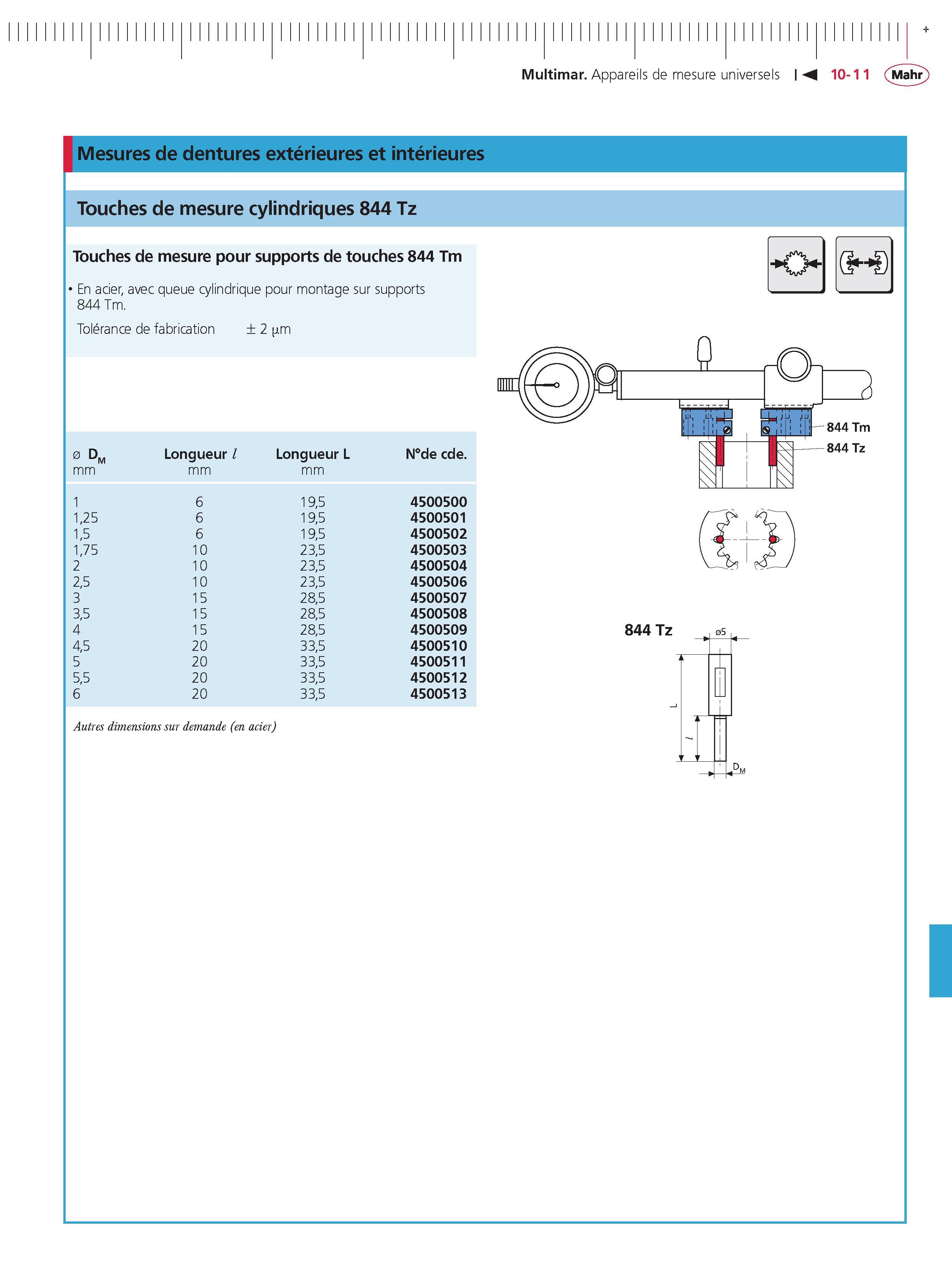 285 Multimar Appareils de mesure universels Mesures de dentures exterieures et interieures Touches de mesure cylindriques 844 Tz Touches de mesure Каталог MAHR 2011 Измерительный инструмент приборы оборудование для линейно-угловых измерений на промышленных предприятиях Стр. 10-11 FRA