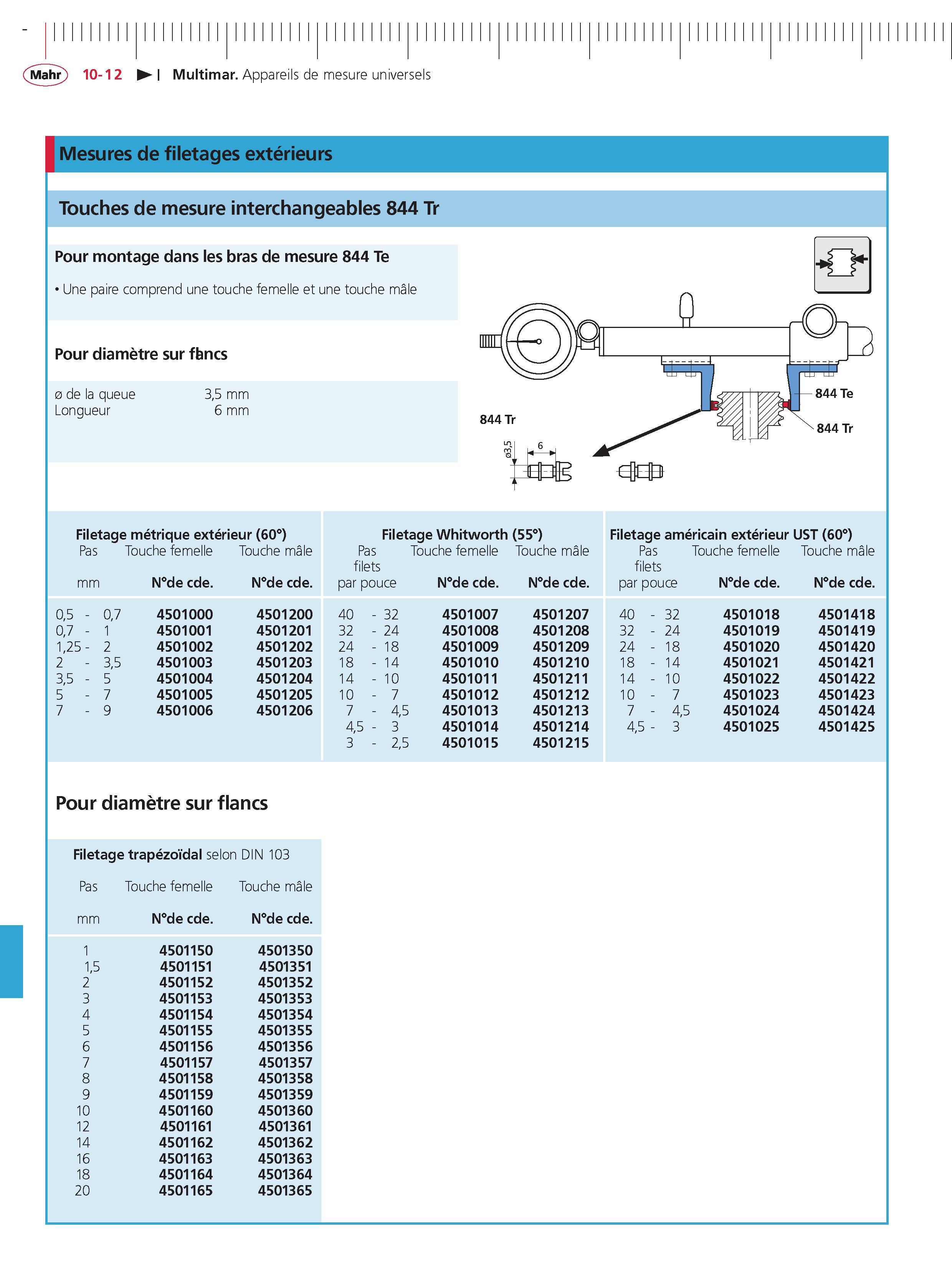 286 Multimar Appareils de mesure universels Mesures de filetages exterieurs Touches de mesure interchangeables 844 Tr Pour montage dans les bras d Каталог MAHR 2011 Измерительный инструмент приборы оборудование для линейно-угловых измерений на промышленных предприятиях Стр. 10-12 FRA