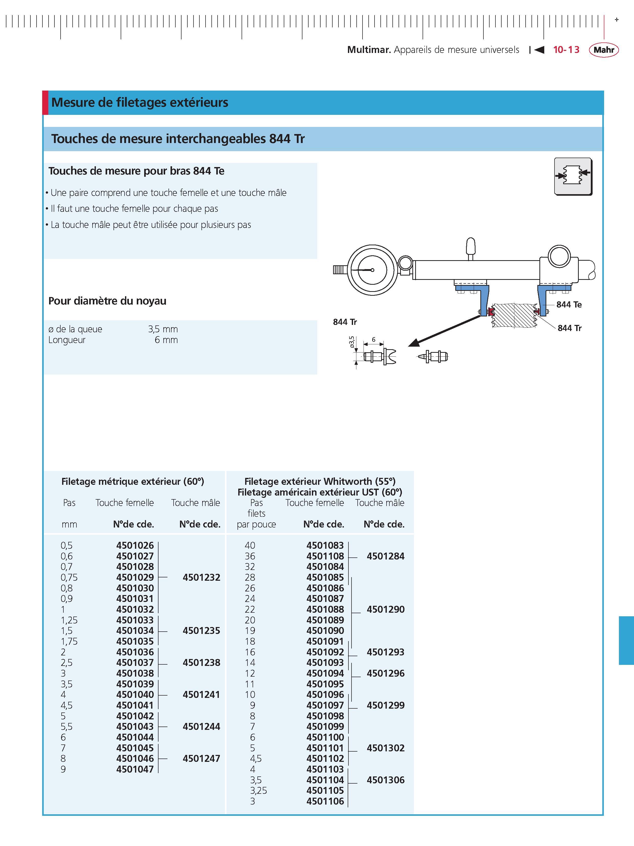 287 Multimar Appareils de mesure universels Mesure de filetages exterieurs Touches de mesure interchangeables 844 Tr Touches de mesure pour bras 8 Каталог MAHR 2011 Измерительный инструмент приборы оборудование для линейно-угловых измерений на промышленных предприятиях Стр. 10-13 FRA