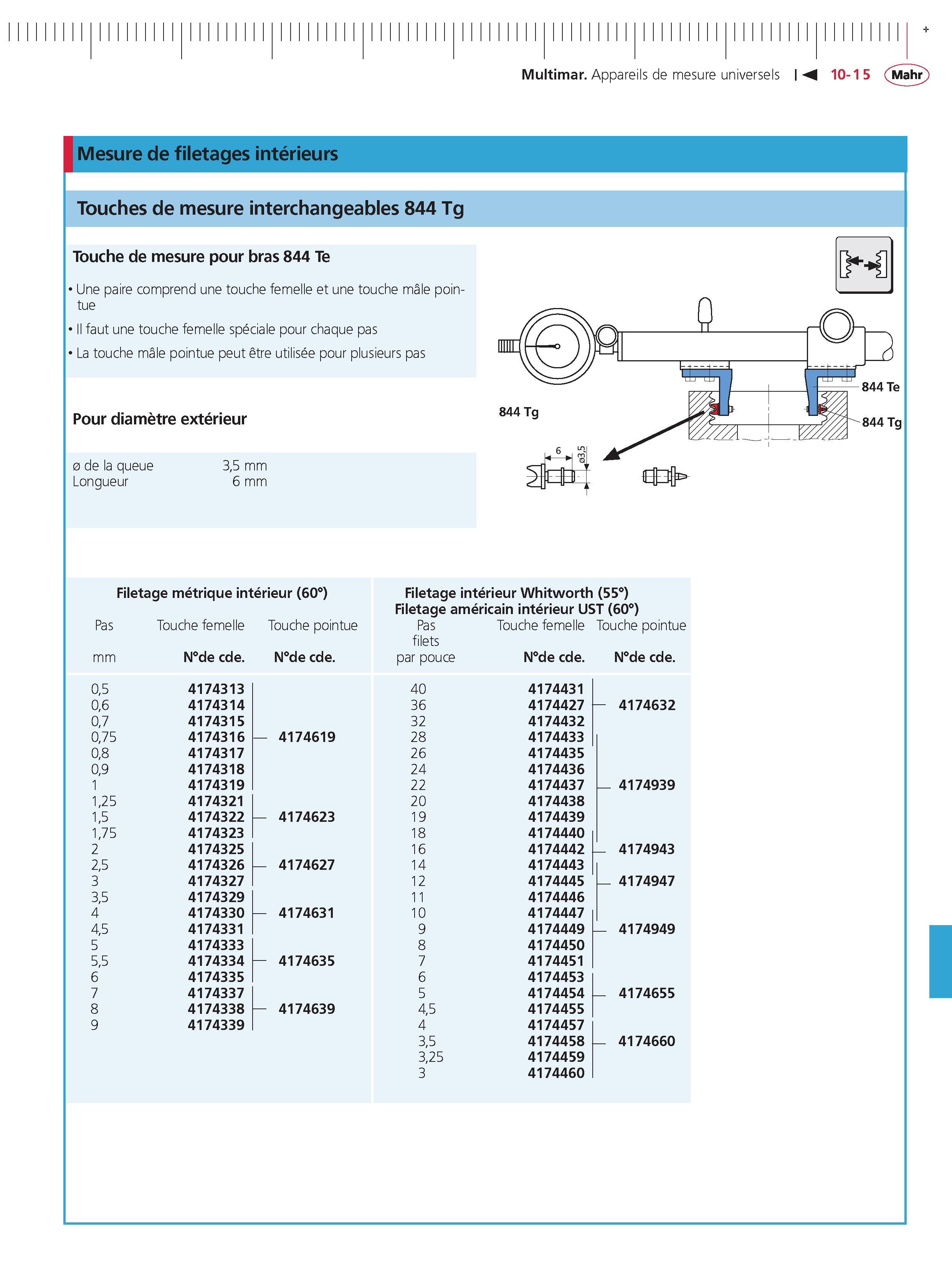 289 Multimar Appareils de mesure universels Mesure de filetages interieurs Touches de mesure interchangeables 844 Tg Touche de mesure pour bras 84 Каталог MAHR 2011 Измерительный инструмент приборы оборудование для линейно-угловых измерений на промышленных предприятиях Стр. 10-15 FRA