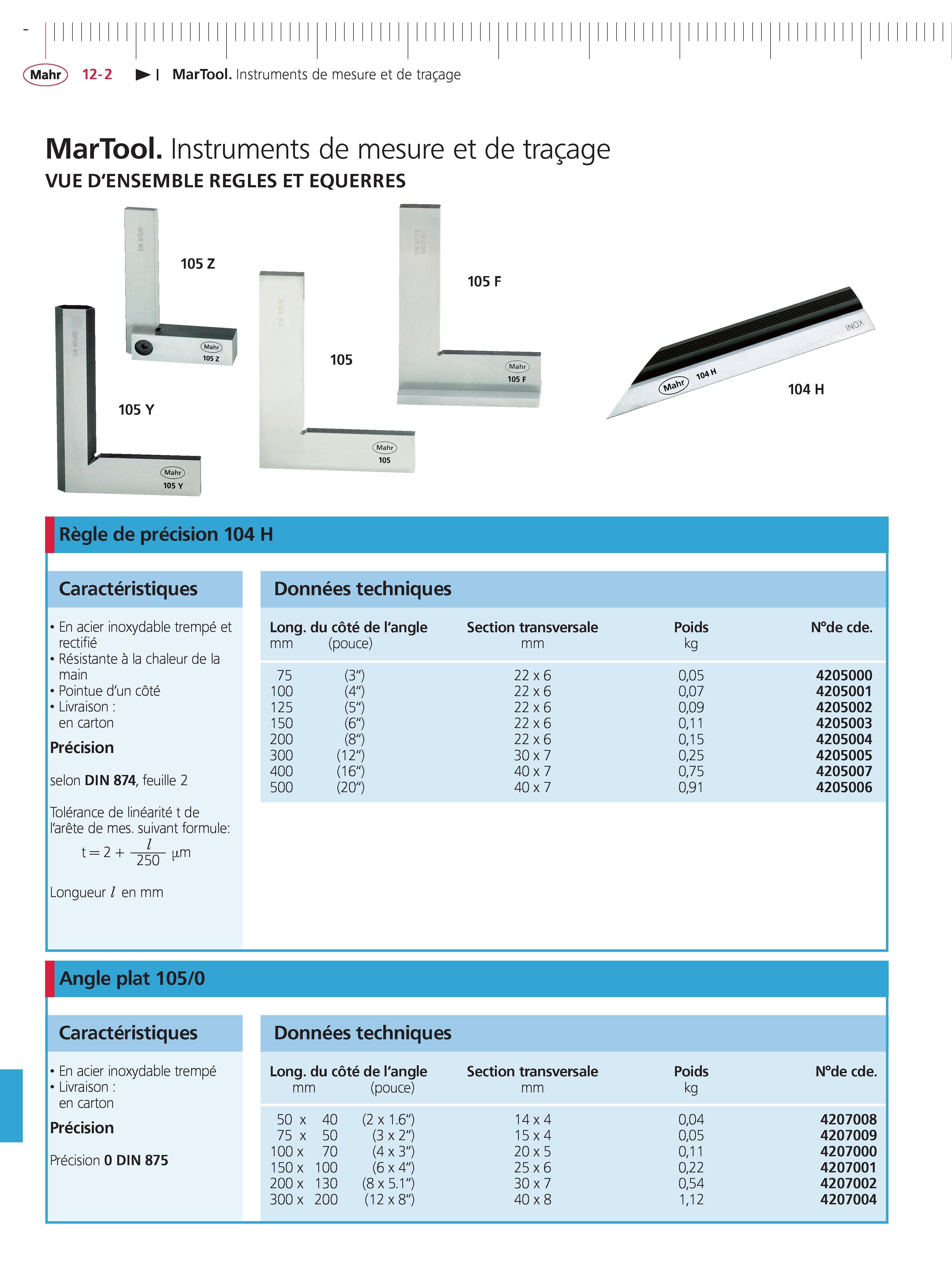 308 MarTool Instruments de mesure et de tracage MarTool Instruments de mesure et de tracage VUE D'ENSEMBLE REGLES ET EQUERRES 105 F 105 (Mahr) 105 Каталог MAHR 2011 Измерительный инструмент приборы оборудование для линейно-угловых измерений на промышленных предприятиях Стр. 12-2 FRA