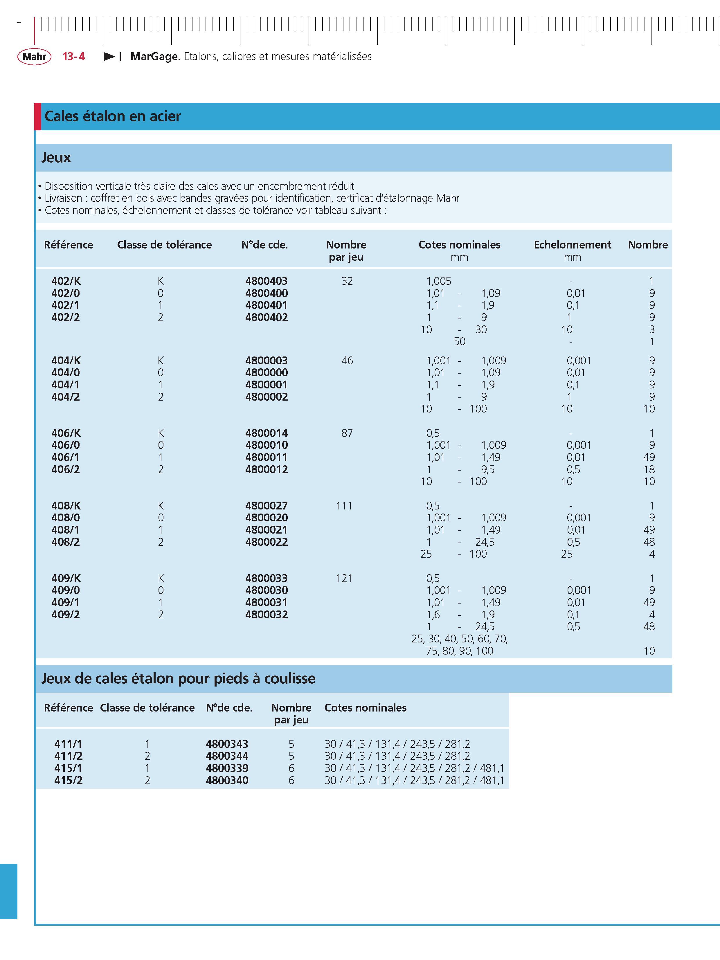 320 MarGage Etalons calibres et mesures materialisees Cales etalon en acier Jeux Disposition verticale tres claire des cales avec un encombrement Каталог MAHR 2011 Измерительный инструмент приборы оборудование для линейно-угловых измерений на промышленных предприятиях Стр. 13-4 FRA