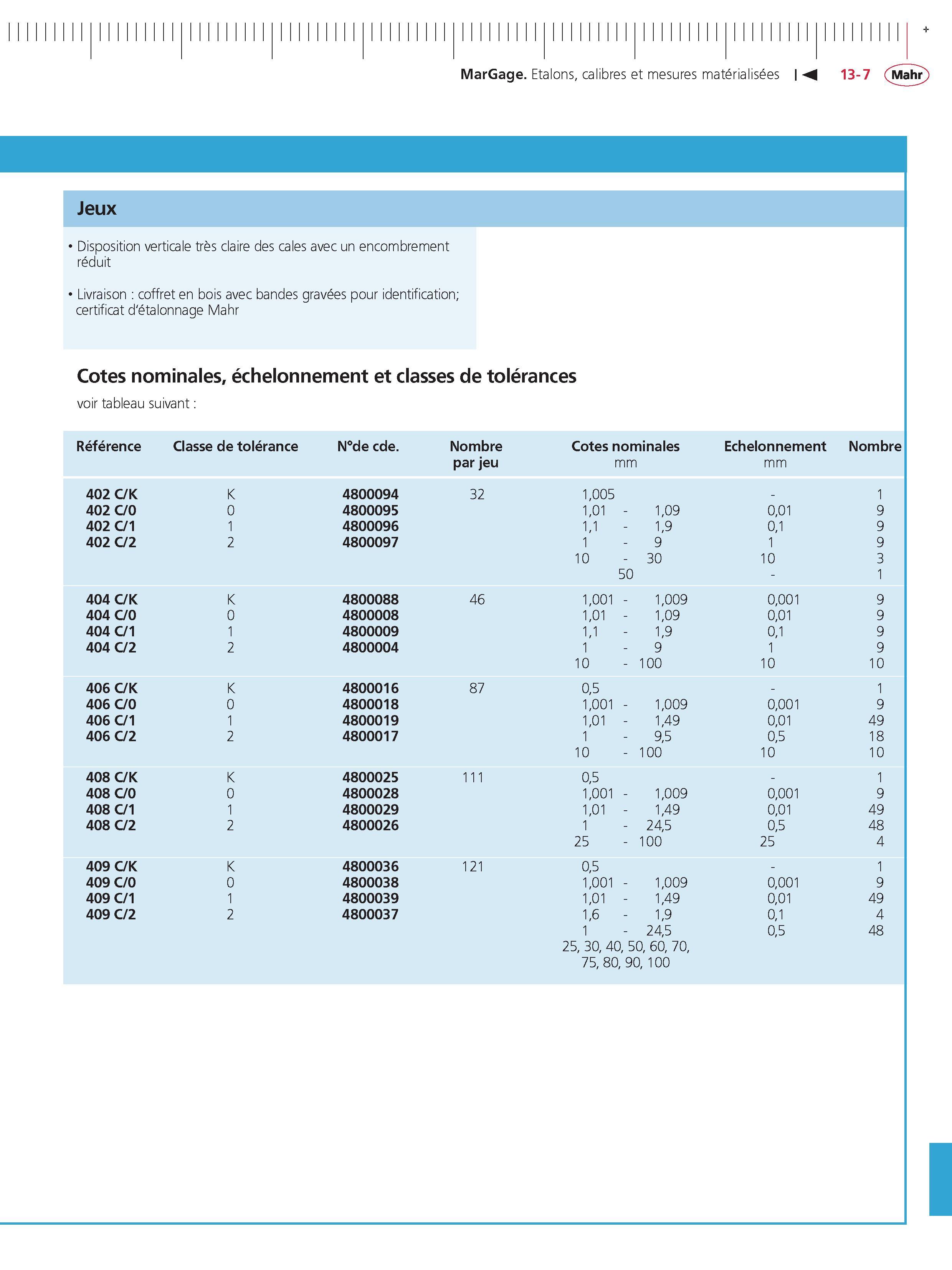 323 MarGage Etalons calibres et mesures materialisees M + Jeux Disposition verticale tres claire des cales avec un encombrement reduit Livraison c Каталог MAHR 2011 Измерительный инструмент приборы оборудование для линейно-угловых измерений на промышленных предприятиях Стр. 13-7 FRA