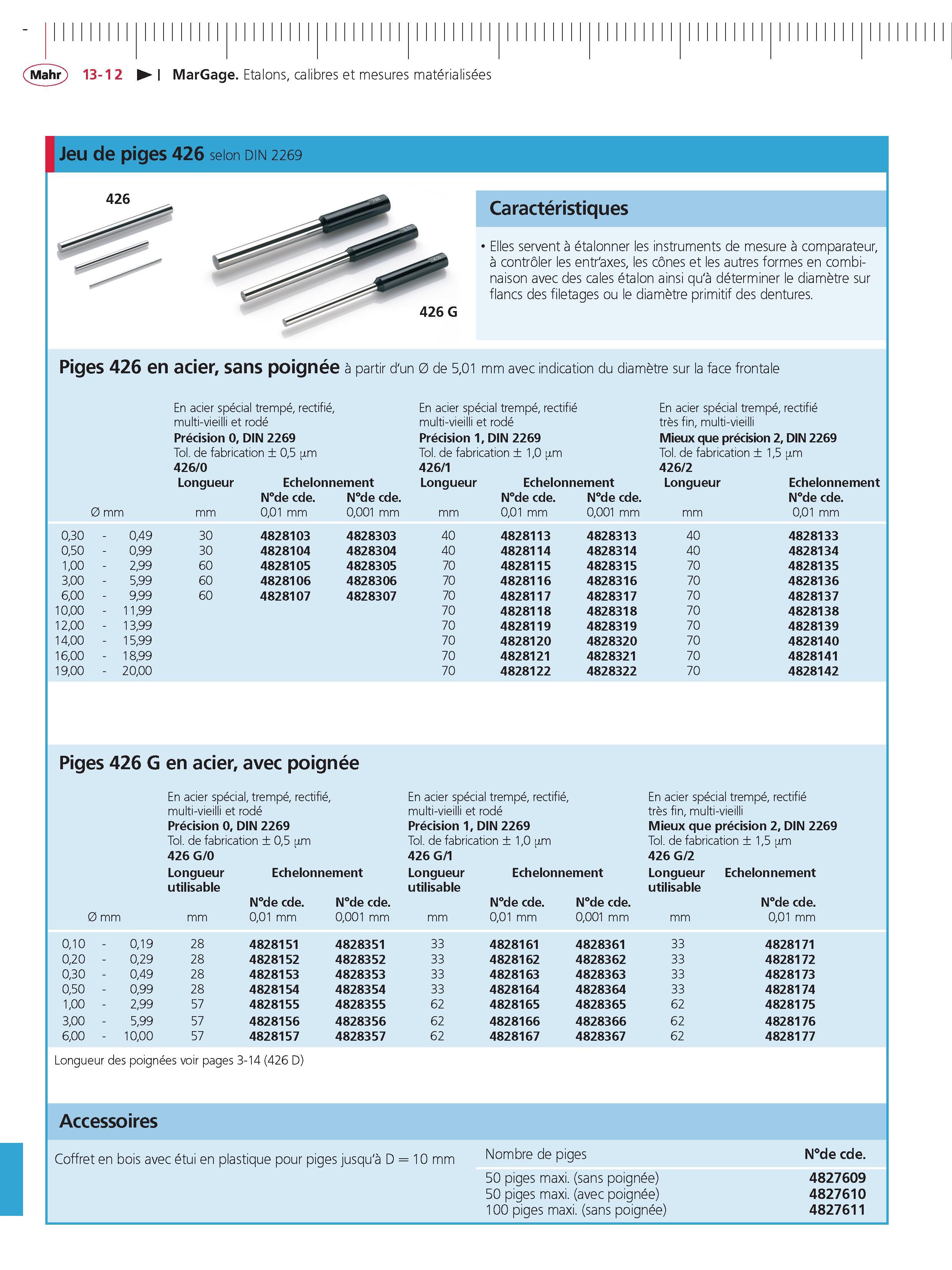 328 MarGage Etalons calibres et mesures materialisees Jeu de piges 426 selon din 2269 426 caracteristiques Elles servent a etalonner les instrumen Каталог MAHR 2011 Измерительный инструмент приборы оборудование для линейно-угловых измерений на промышленных предприятиях Стр. 13-12 FRA