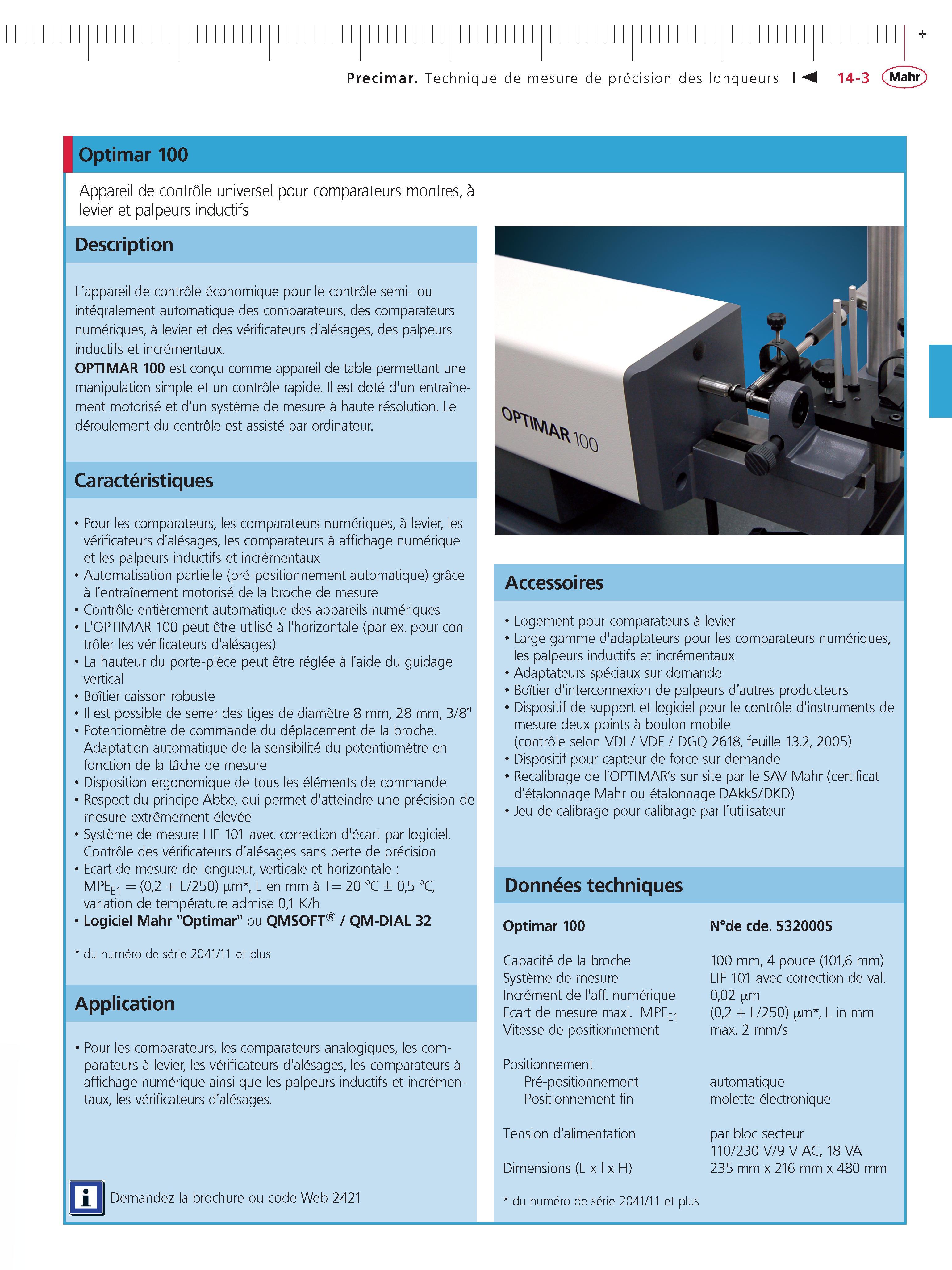 337 Precimar Technique de mesure de precision des longueurs Optimar 100 Appareil de controle universel pour comparateurs montres a levier et palpe Каталог MAHR 2011 Измерительный инструмент приборы оборудование для линейно-угловых измерений на промышленных предприятиях Стр. 14-3 FRA