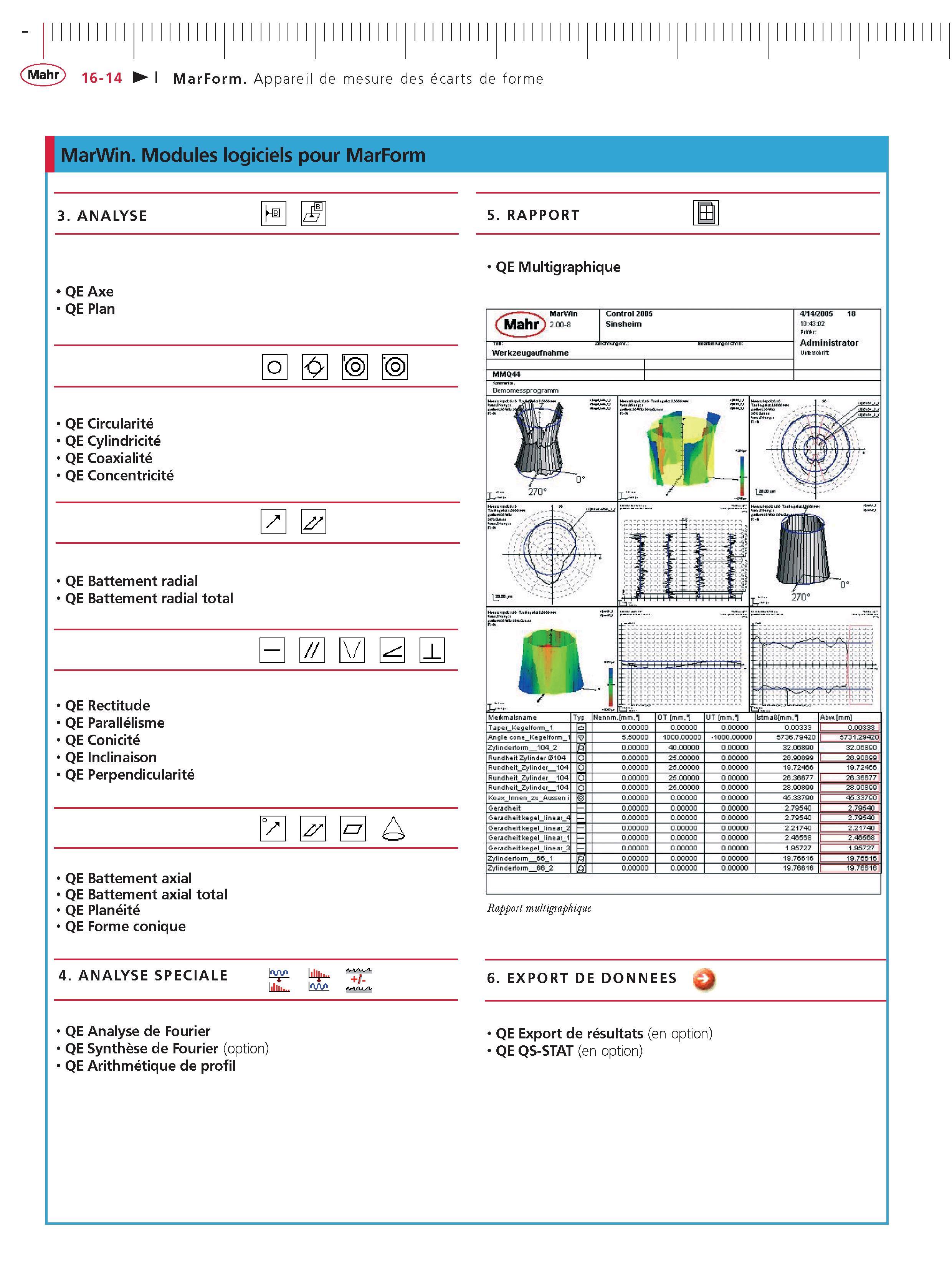 394 MarForm Appareil de mesure des ecarts de forme MarWin Modules logiciels pour MarForm 3 ANALYSE QE Axe QE Plan O QE Circularite QE Cylindricite Каталог MAHR 2011 Измерительный инструмент приборы оборудование для линейно-угловых измерений на промышленных предприятиях Стр. 16-14 FRA
