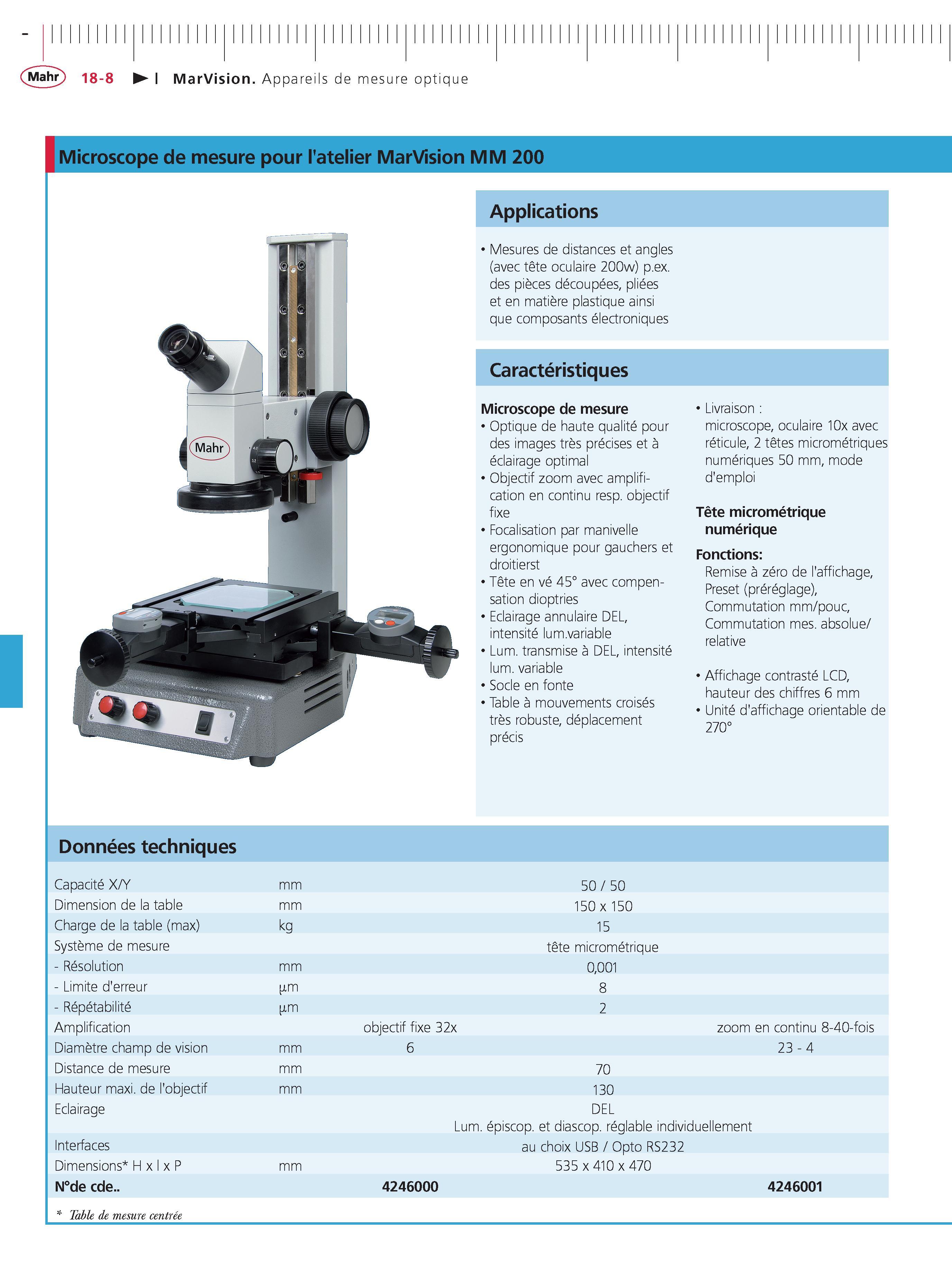 418 MarVision Appareils de mesure optique Microscope de mesure pour l'atelier MarVision MM 200 Applications Mesures de distances et angles (avec t Каталог MAHR 2011 Измерительный инструмент приборы оборудование для линейно-угловых измерений на промышленных предприятиях Стр. 18-8 FRA