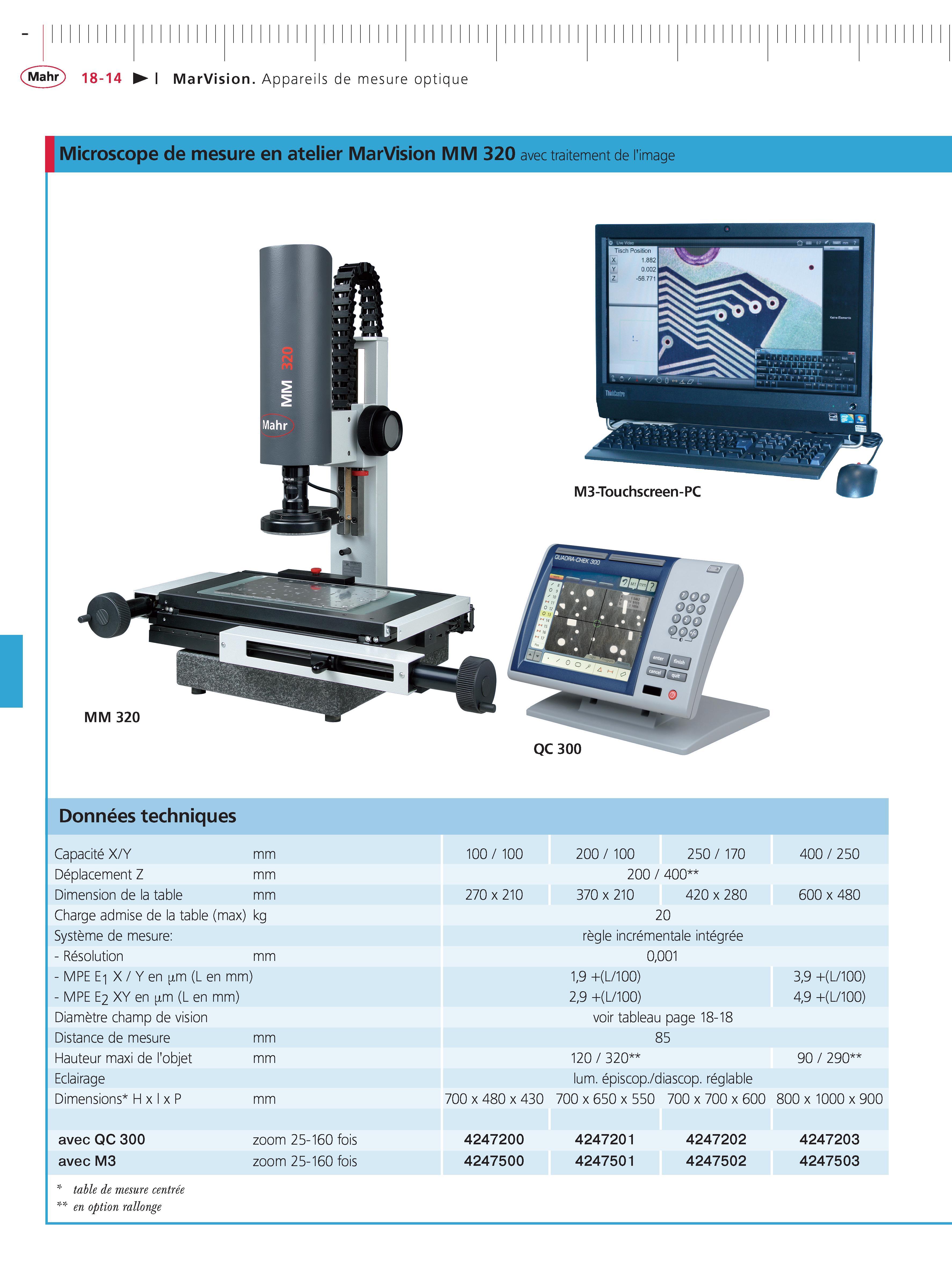 424 MarVision Appareils de mesure optique Microscope de mesure en atelier MarVision MM 320 avec traitement de limage Donnees techniques Capacite X Каталог MAHR 2011 Измерительный инструмент приборы оборудование для линейно-угловых измерений на промышленных предприятиях Стр. 18-14 FRA