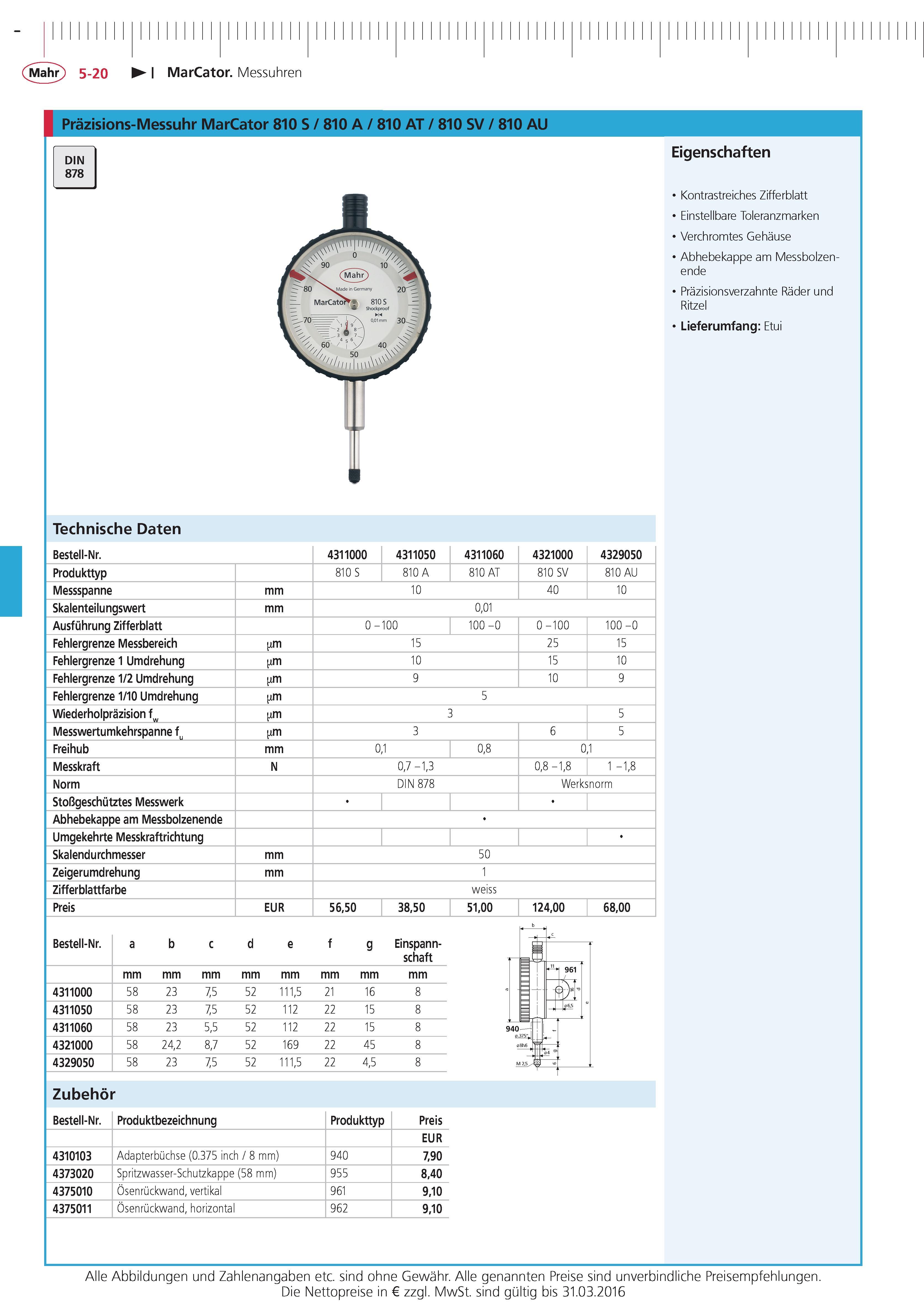 180 MarCator Messuhren Prazisions-Messuhr MarCator 810 S 810 A 810 AT 810 SV 810 AU DIN 878 Eigenschaften Kontrastreiches Zifferblatt Einstellbare Toler Каталог MAHR 2015 Инструмент Приборы Оборудование для измерения и метрологического обеспечения машиностроительных производств Стр. 5-20 DEU
