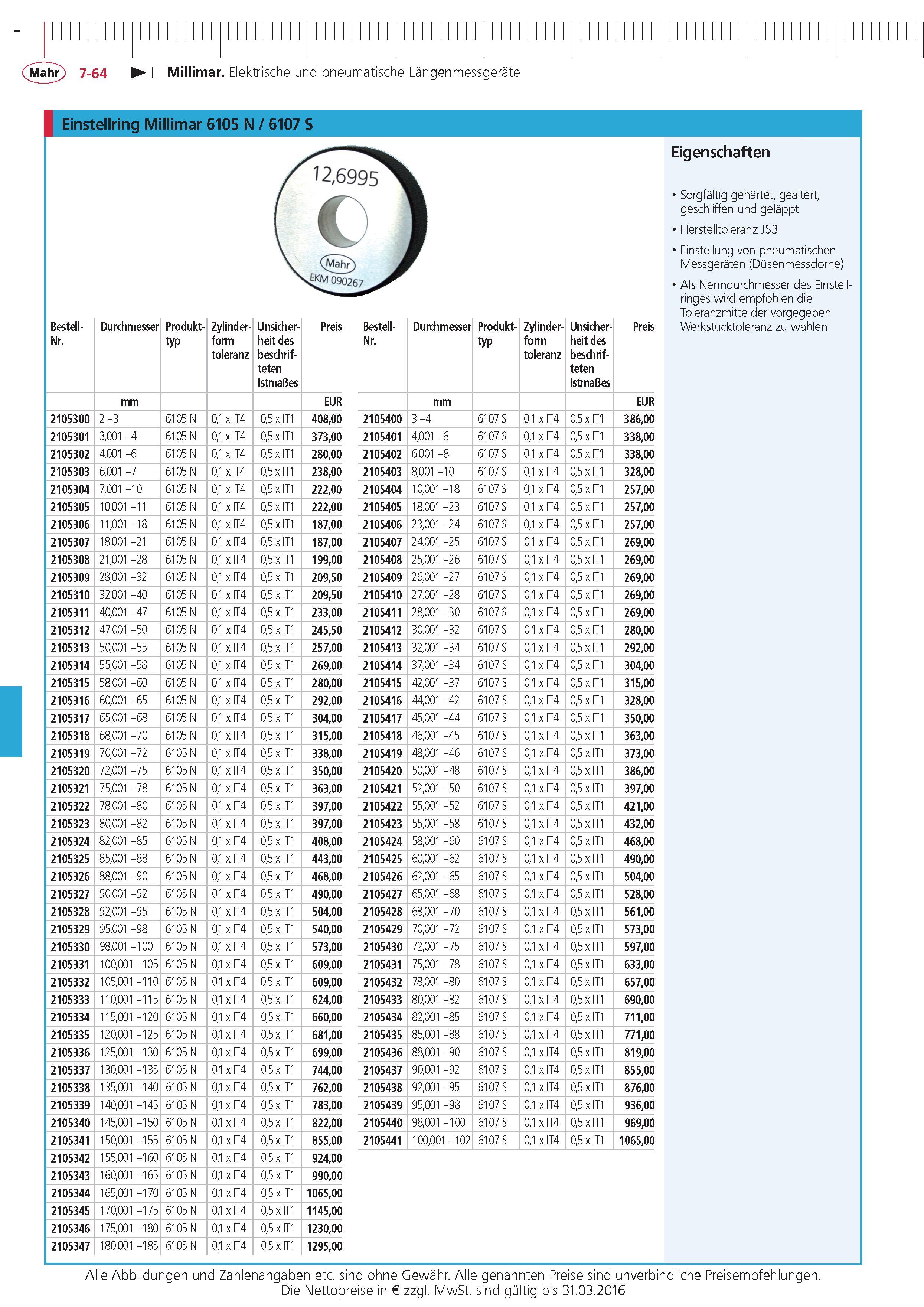274 Millimar Elektrische und pneumatische Langenmessgerate Einstellring Millimar 6105 N 6107 S Bestell- Nr Durchmesser Produkt- typ Zylinder- form toler Каталог MAHR 2015 Инструмент Приборы Оборудование для измерения и метрологического обеспечения машиностроительных производств Стр. 7-64 DEU