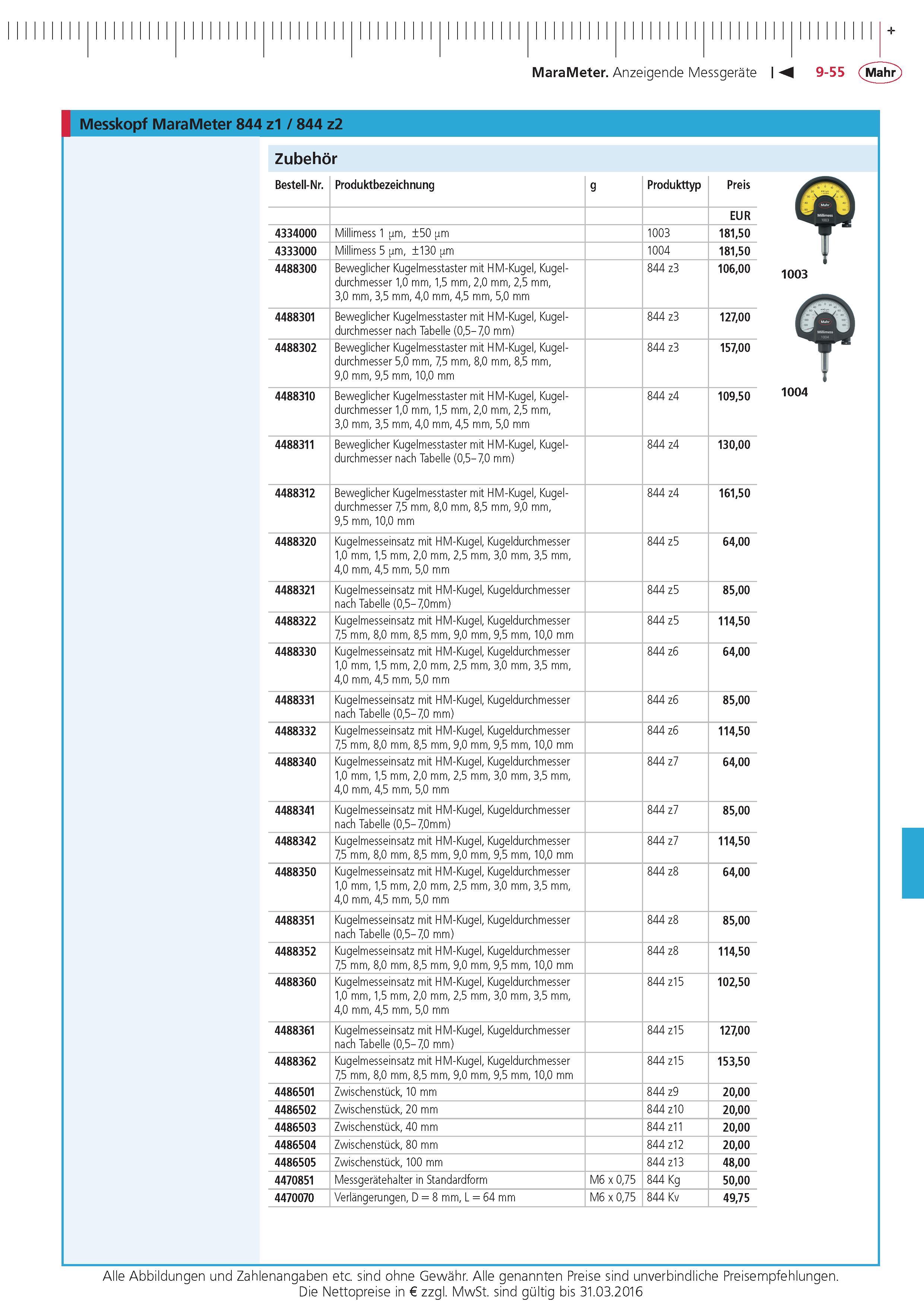 351 MaraMeter Anzeigende Messgerate Messkopf MaraMeter 844 z1 844 z2 Zubehor Bestell-Nr Produktbezeichnung g Produkttyp Preis EUR 4334000 Millimess 1 m Каталог MAHR 2015 Инструмент Приборы Оборудование для измерения и метрологического обеспечения машиностроительных производств Стр. 9-55 DEU