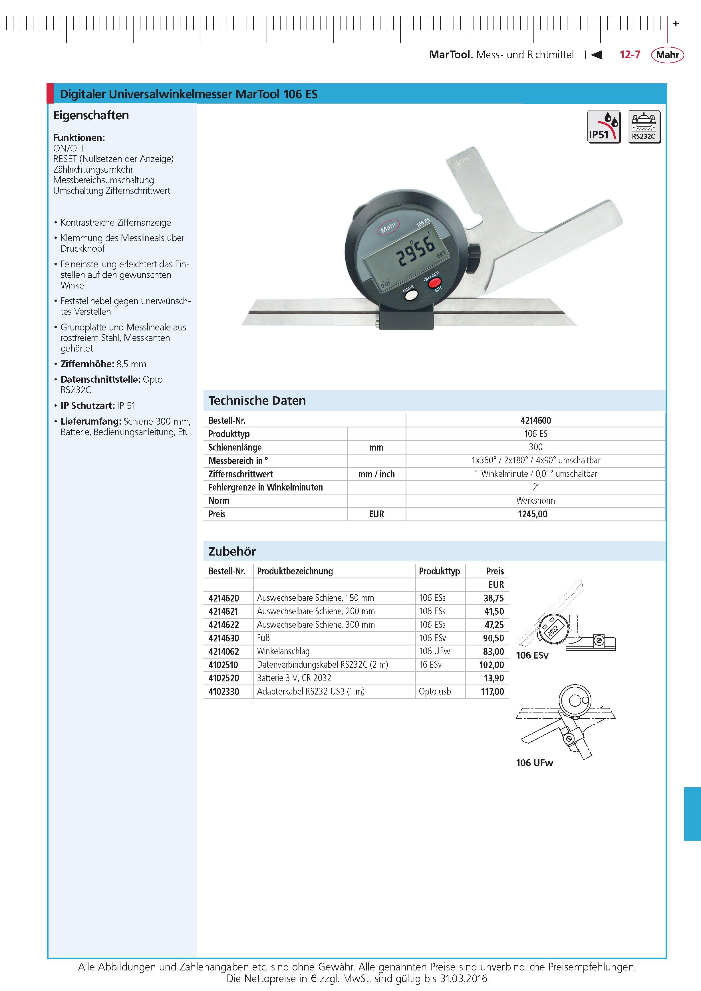 393 MarTool Mess- und Richtmittel Digitaler Universalwinkelmesser MarTool 106 ES Eigenschaften Funktionen ON OFF RESET (Nullsetzen der Anzeige) Zahlrich Каталог MAHR 2015 Инструмент Приборы Оборудование для измерения и метрологического обеспечения машиностроительных производств Стр. 12-7 DEU