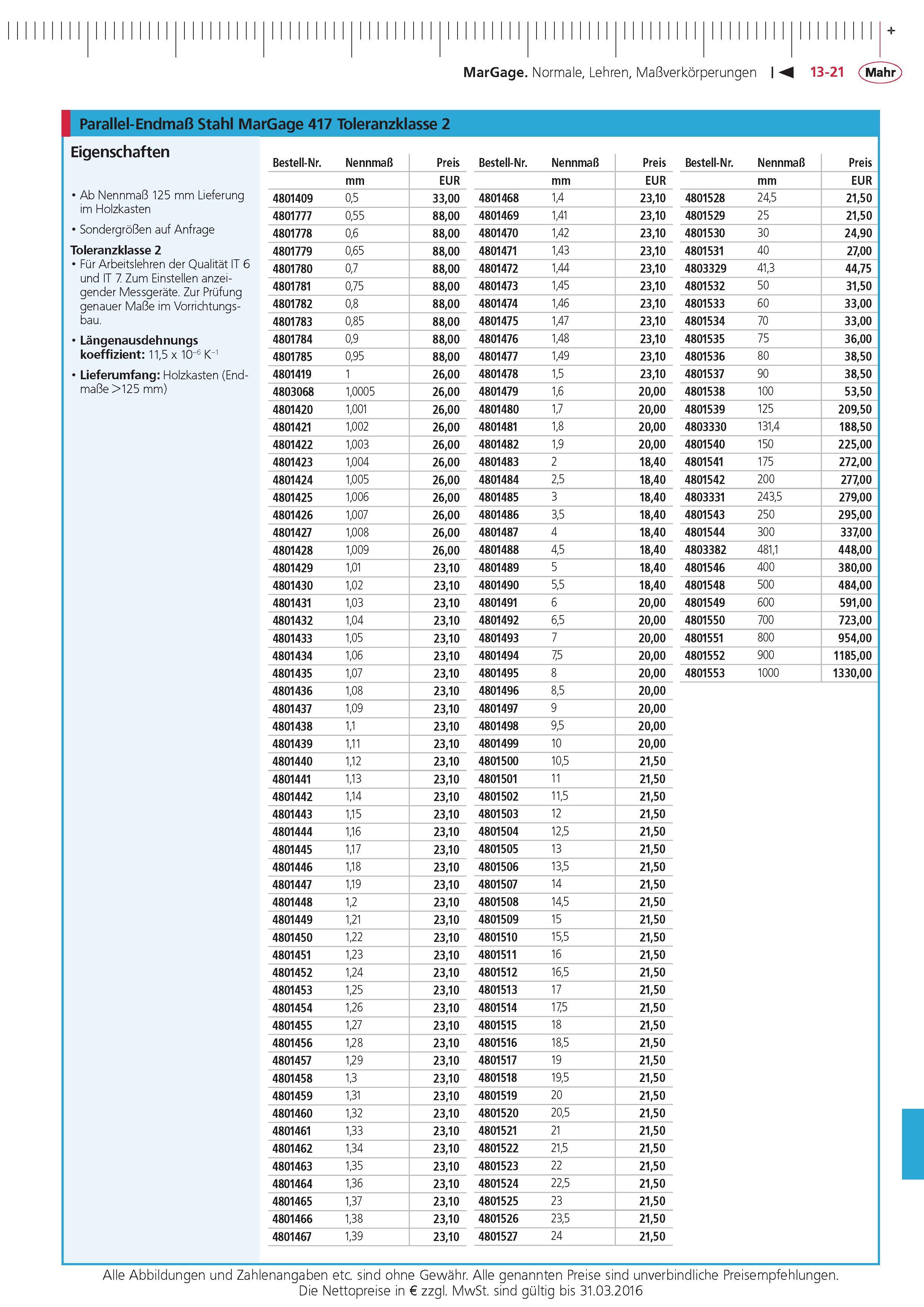 421 MarGage Normale Lehren Ma verkorperungen Parallel-Endma Stahl MarGage 417 Toleranzklasse 2 Eigenschaften Ab Nennma 125 mm Lieferung im Holzkasten So Каталог MAHR 2015 Инструмент Приборы Оборудование для измерения и метрологического обеспечения машиностроительных производств Стр. 13-21 DEU