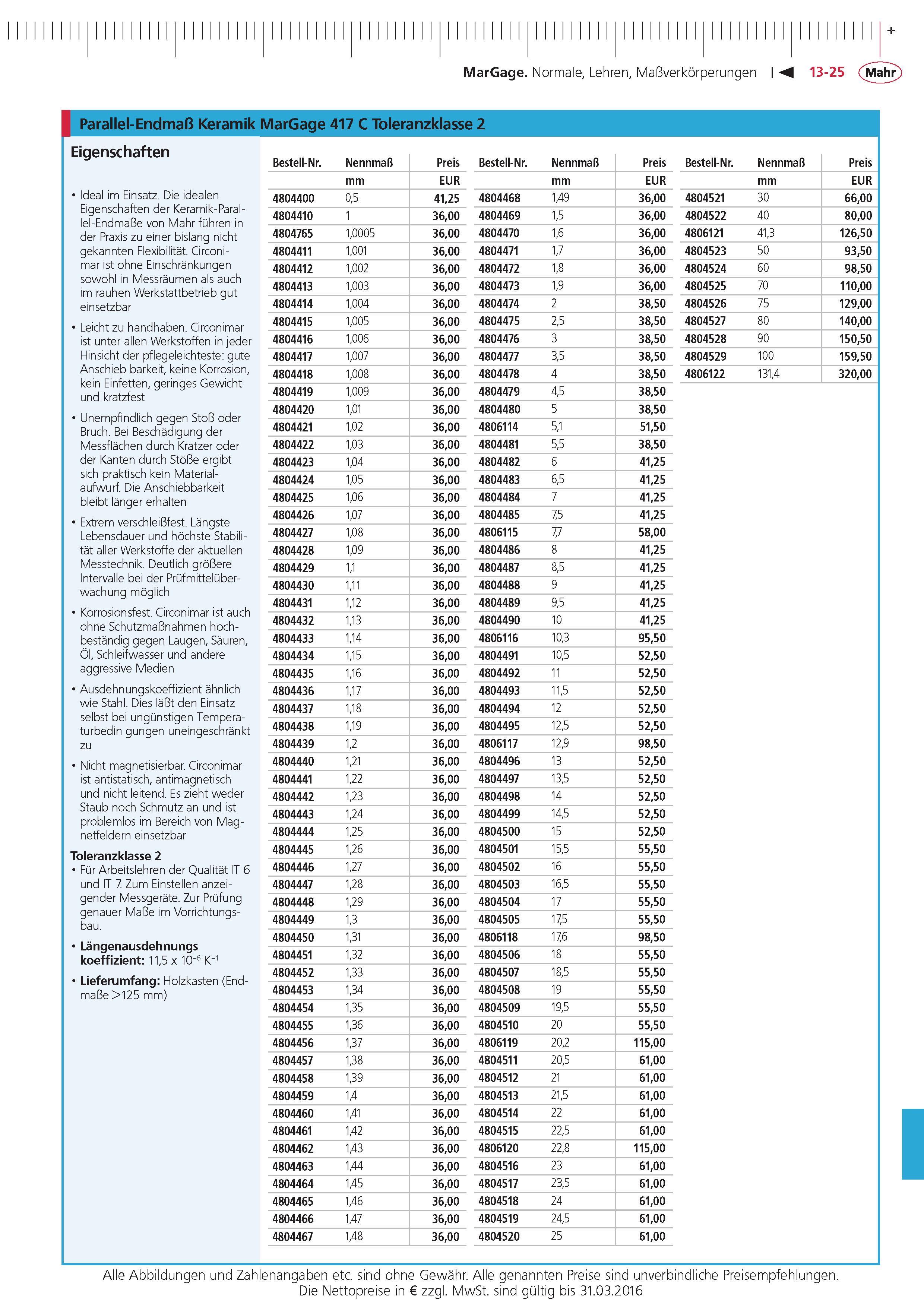 425 MarGage Normale Lehren Ma verkorperungen Parallel-Endma Keramik MarGage 417 C Toleranzklasse 2 Eigenschaften Bestell-Nr Nennma Preis Bestell-Nr Nenn Каталог MAHR 2015 Инструмент Приборы Оборудование для измерения и метрологического обеспечения машиностроительных производств Стр. 13-25 DEU