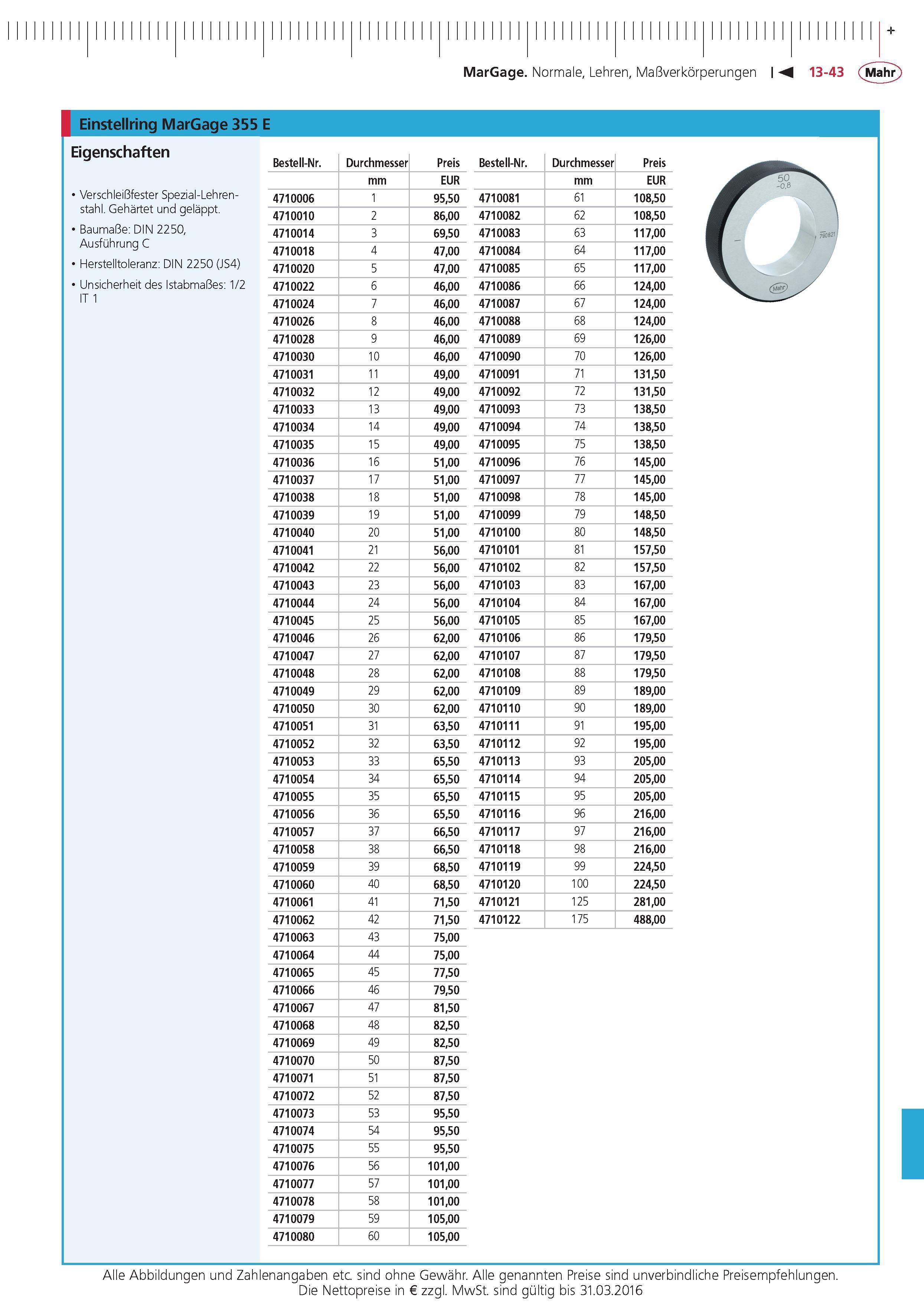 443 MarGage Normale Lehren Ma verkorperungen Einstellring MarGage 355 E Eigenschaften Verschlei fester Spezial-Lehrenstahl Gehartet und gelappt Bauma e Каталог MAHR 2015 Инструмент Приборы Оборудование для измерения и метрологического обеспечения машиностроительных производств Стр. 13-43 DEU
