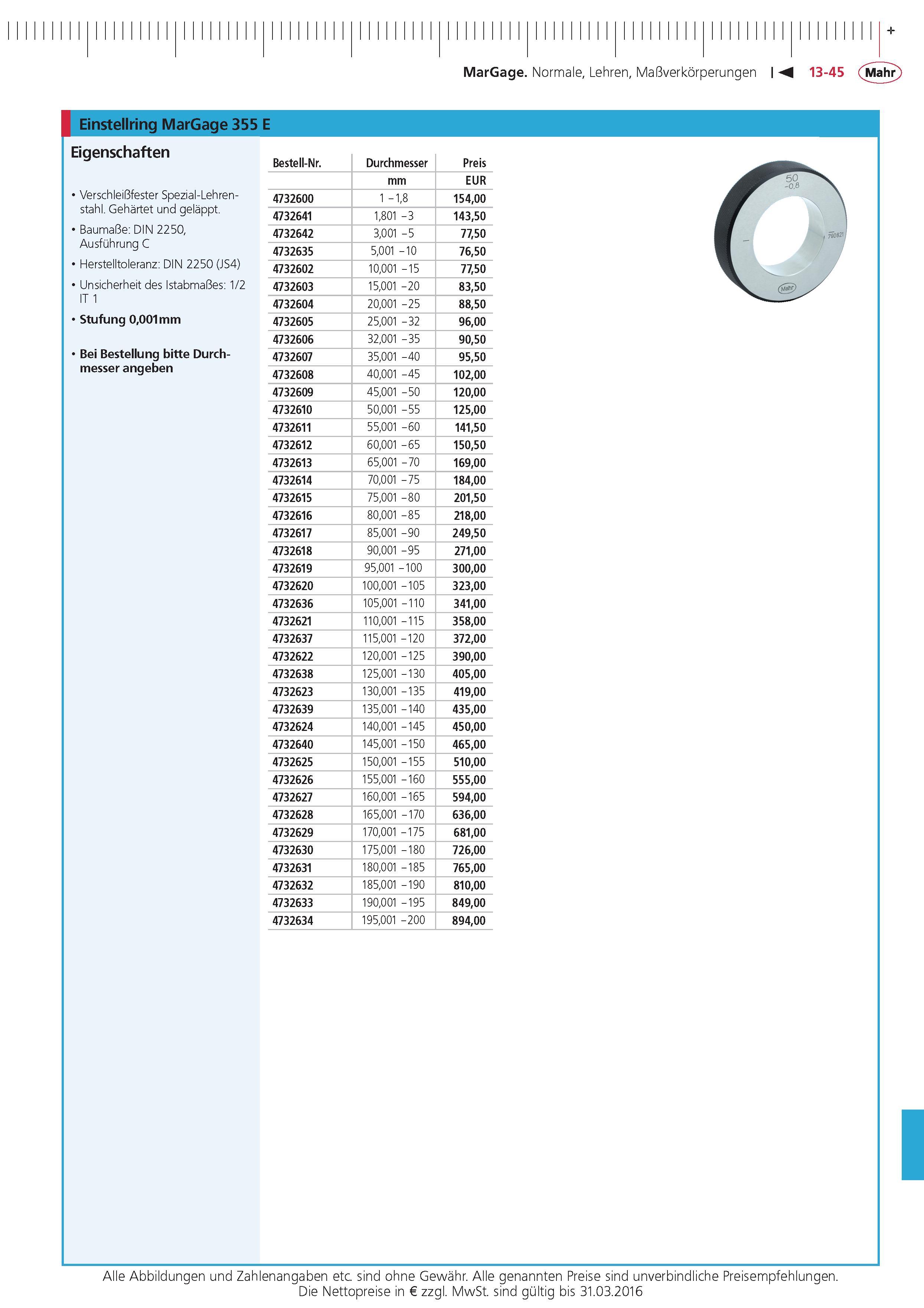 445 MarGage Normale Lehren Ma verkorperungen Einstellring MarGage 355 E Eigenschaften Verschlei fester Spezial-Lehrenstahl Gehartet und gelappt Bauma e Каталог MAHR 2015 Инструмент Приборы Оборудование для измерения и метрологического обеспечения машиностроительных производств Стр. 13-45 DEU