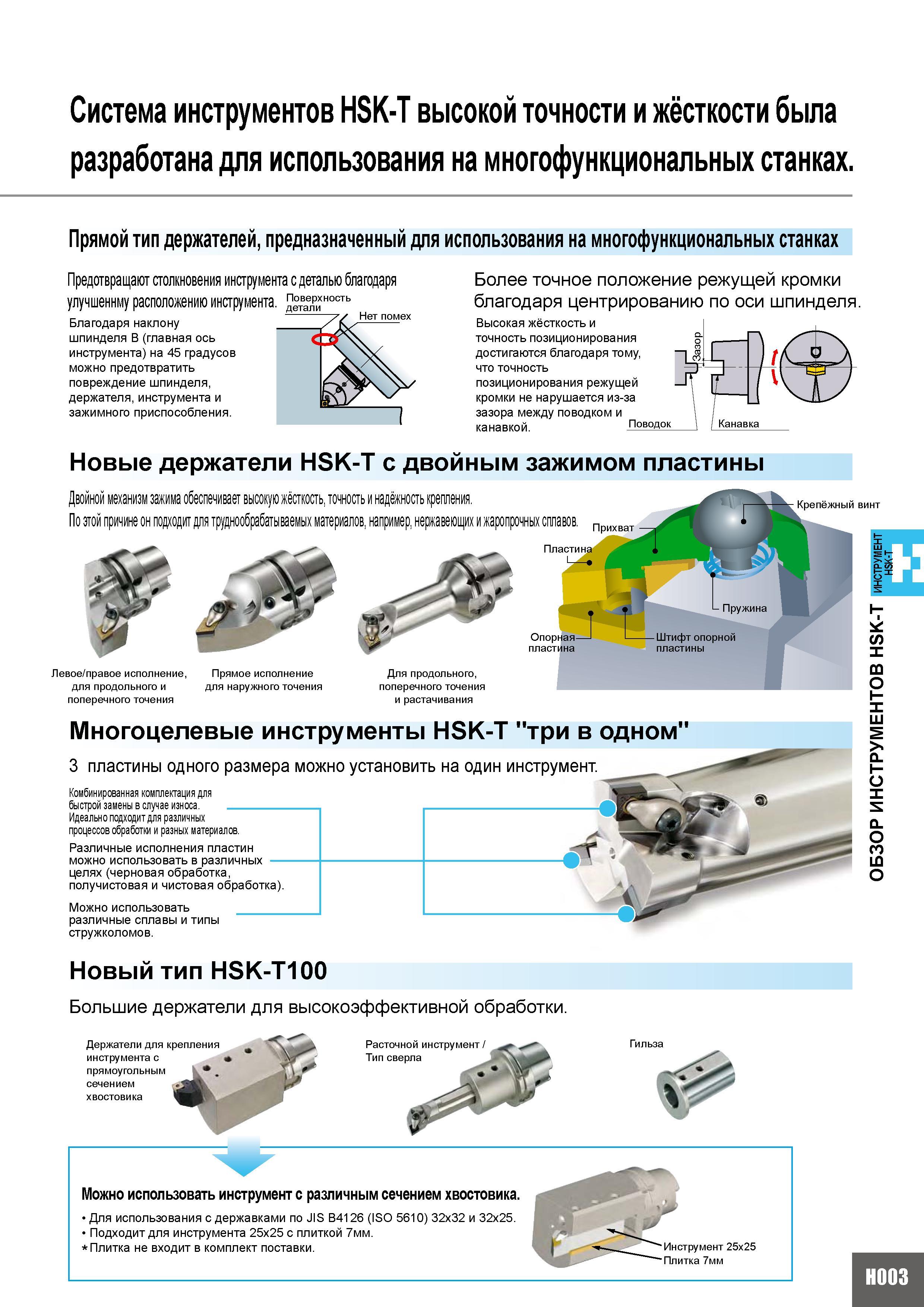 499 Система инструментов HSK-T высокой точности и жёсткости была разработана для использования на многофункциональных станках Прямой тип держателей пр Каталог MITSUBISHI 2010 Режущий токарный и вращающийся инструмент Инструментальные системы для металлообрабатывающих станков Стр. H003