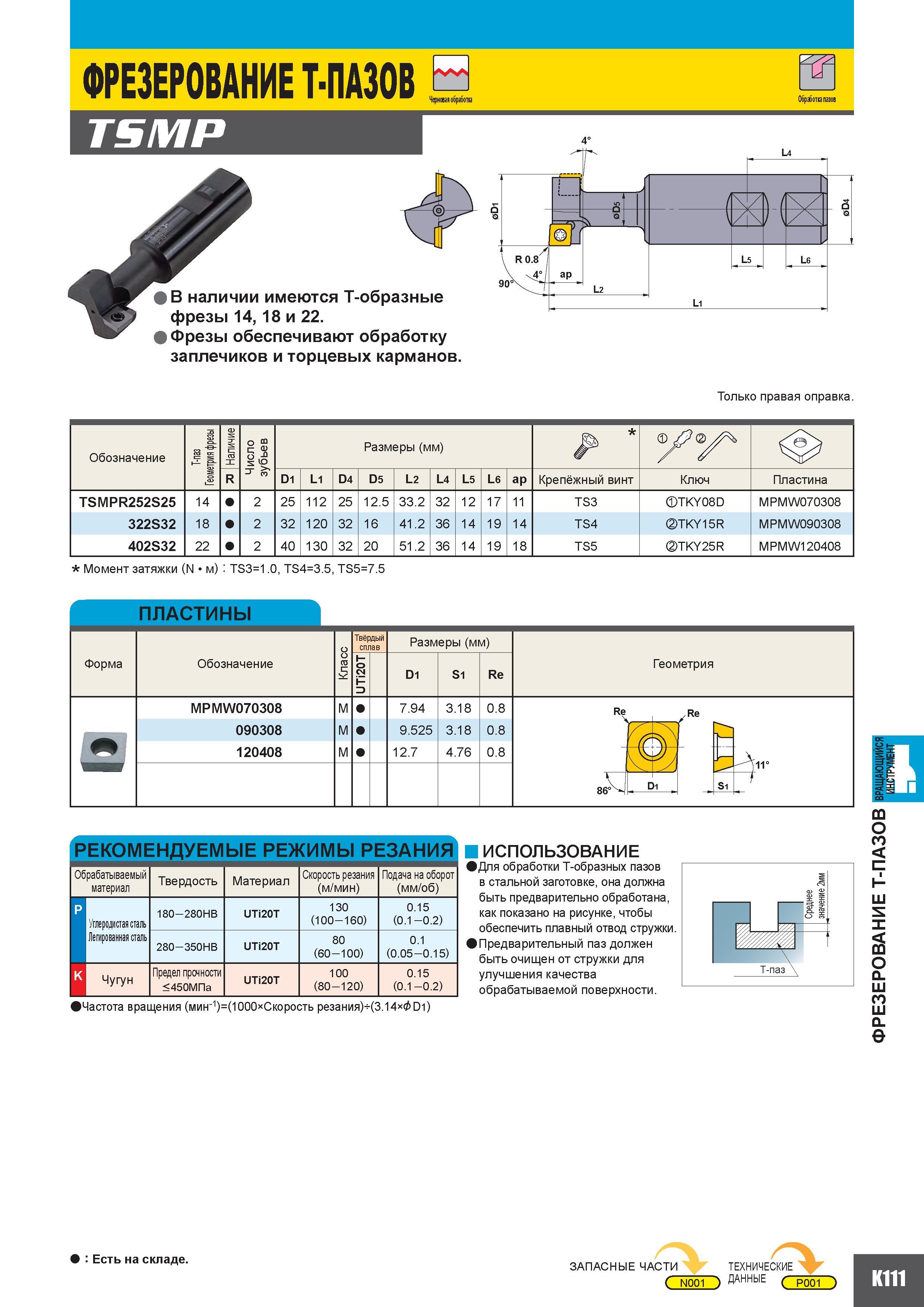1041 ФРЕЗЕРОВАНИЕ Т-ПАЗОВ Черновая обработка Обработка пазов 1 Т5МР 4 L4 В наличии имеются Т-образные фрезы 14 18 и 22 Фрезы обеспечивают обработку зап Каталог MITSUBISHI 2010 Режущий токарный и вращающийся инструмент Инструментальные системы для металлообрабатывающих станков Стр. K111