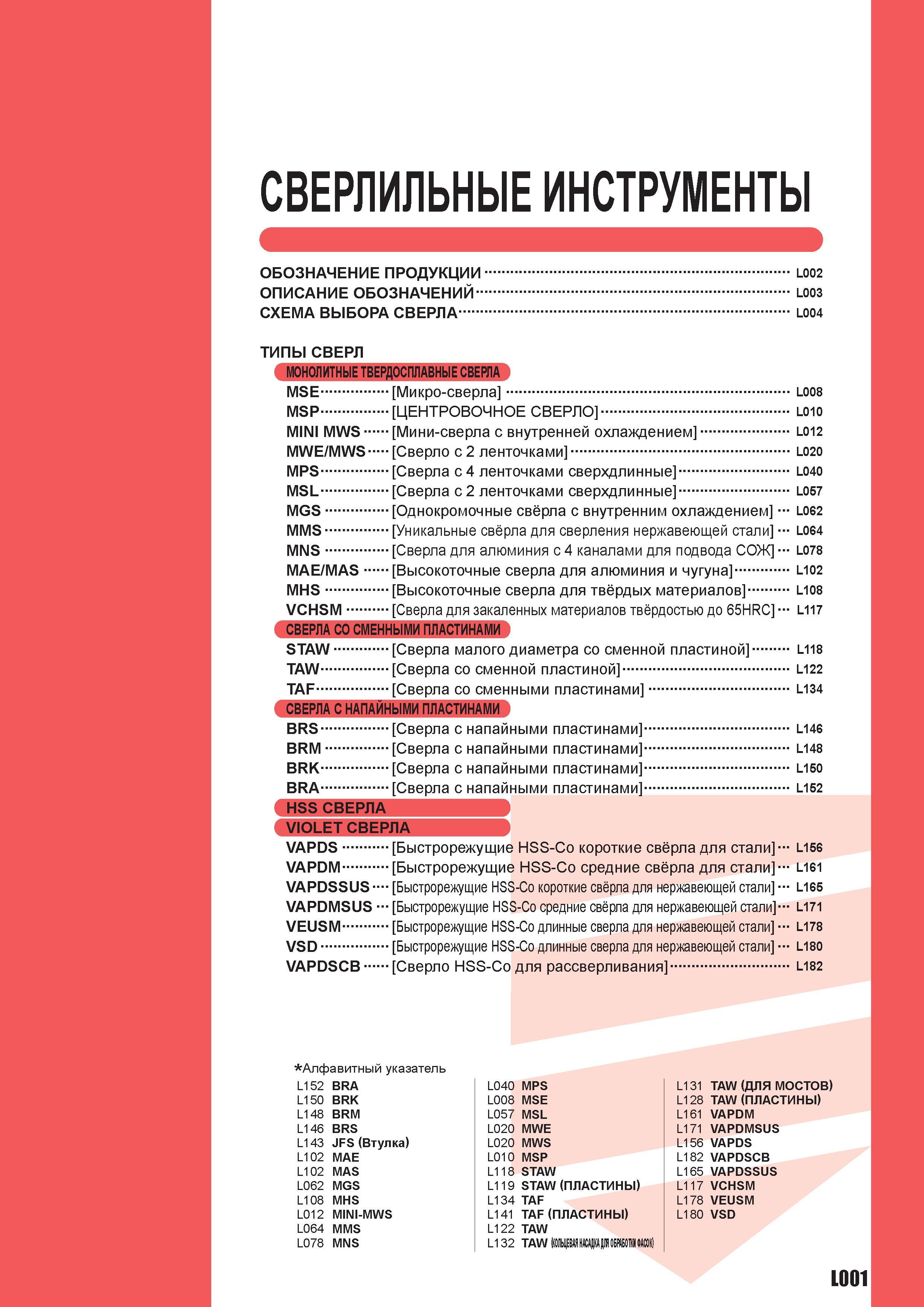 1057 СВЕРЛИЛЬНЫЕ ИНСТРУМЕНТЫ ОБОЗНАЧЕНИЕ ПРОДУКЦИИ ОПИСАНИЕ ОБОЗНАЧЕНИЙ СХЕМА ВЫБОРА СВЕРЛА L002 L003 L004 ТИПЫ СВЕРЛ МОНОЛИТНЫЕ ТВЕРДОСПЛАВНЫЕ СВЕРЛА Каталог MITSUBISHI 2010 Режущий токарный и вращающийся инструмент Инструментальные системы для металлообрабатывающих станков Стр. L001