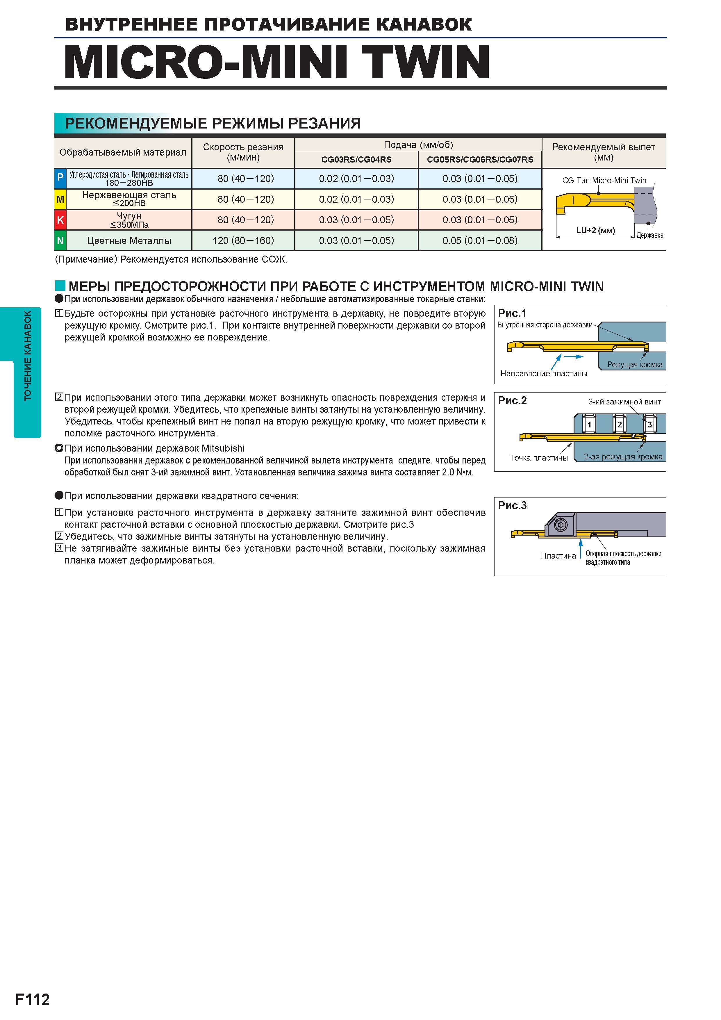 480 Меры предосторожности при работе с твердосплавными резцами MICRO-MINI TWIN При использовании державок обычного назначения Каталог MITSUBISHI 2016 Вращающийся и токарный режущий инструмент для металлообработки Сменные твердосплавные пластины Резцы Фрезы сборные и монолитные Сверла Стр. F112