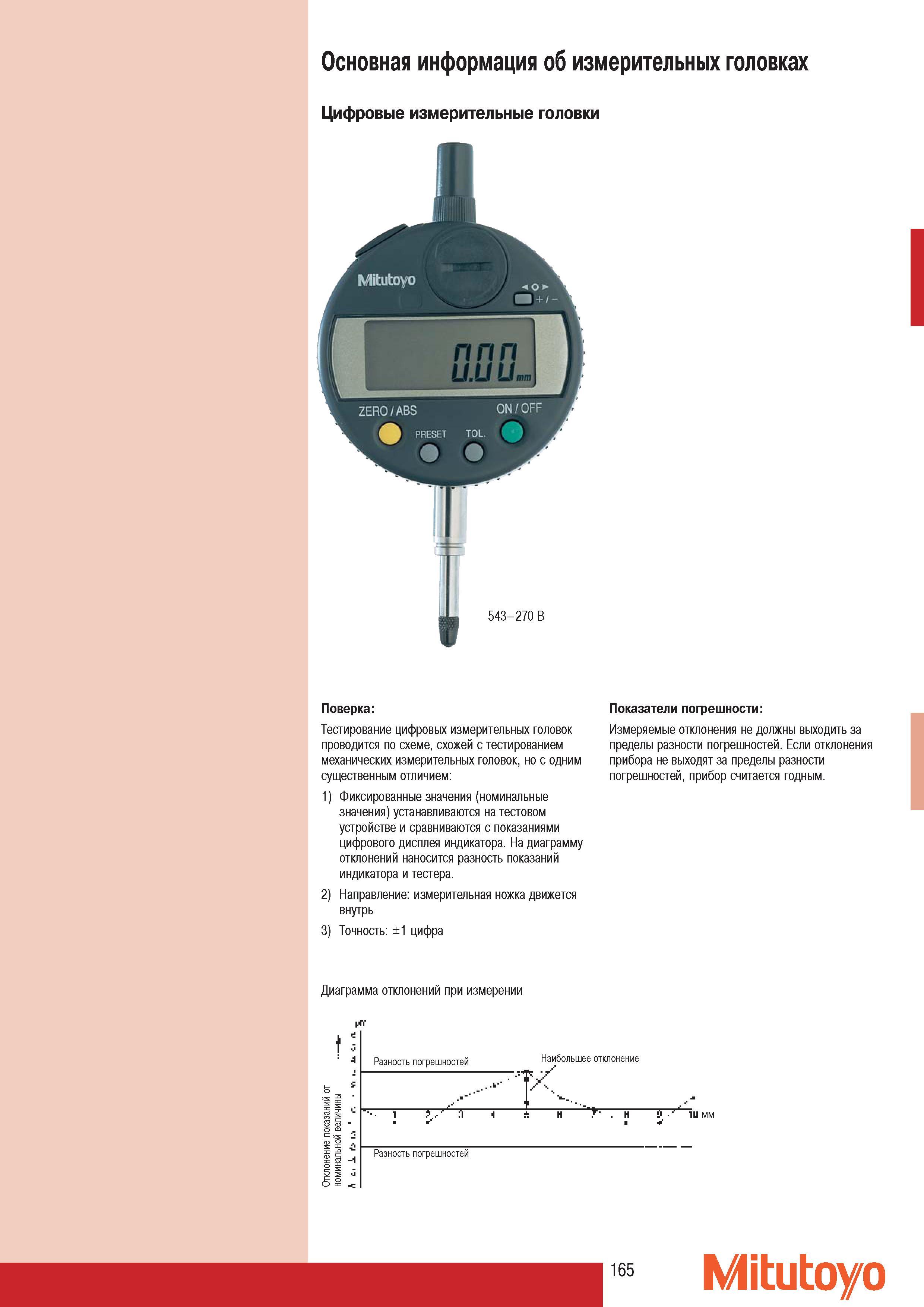 167 Тестирование цифровых измерительных головок проводится по схеме схожей с тестированием механических измерительных головок но с одним существенным отличием 1) Каталог MITUTOYO 2007 Средства измерений Измерительные инструменты приборы оборудование для машиностроения и промышленности Стр. 165