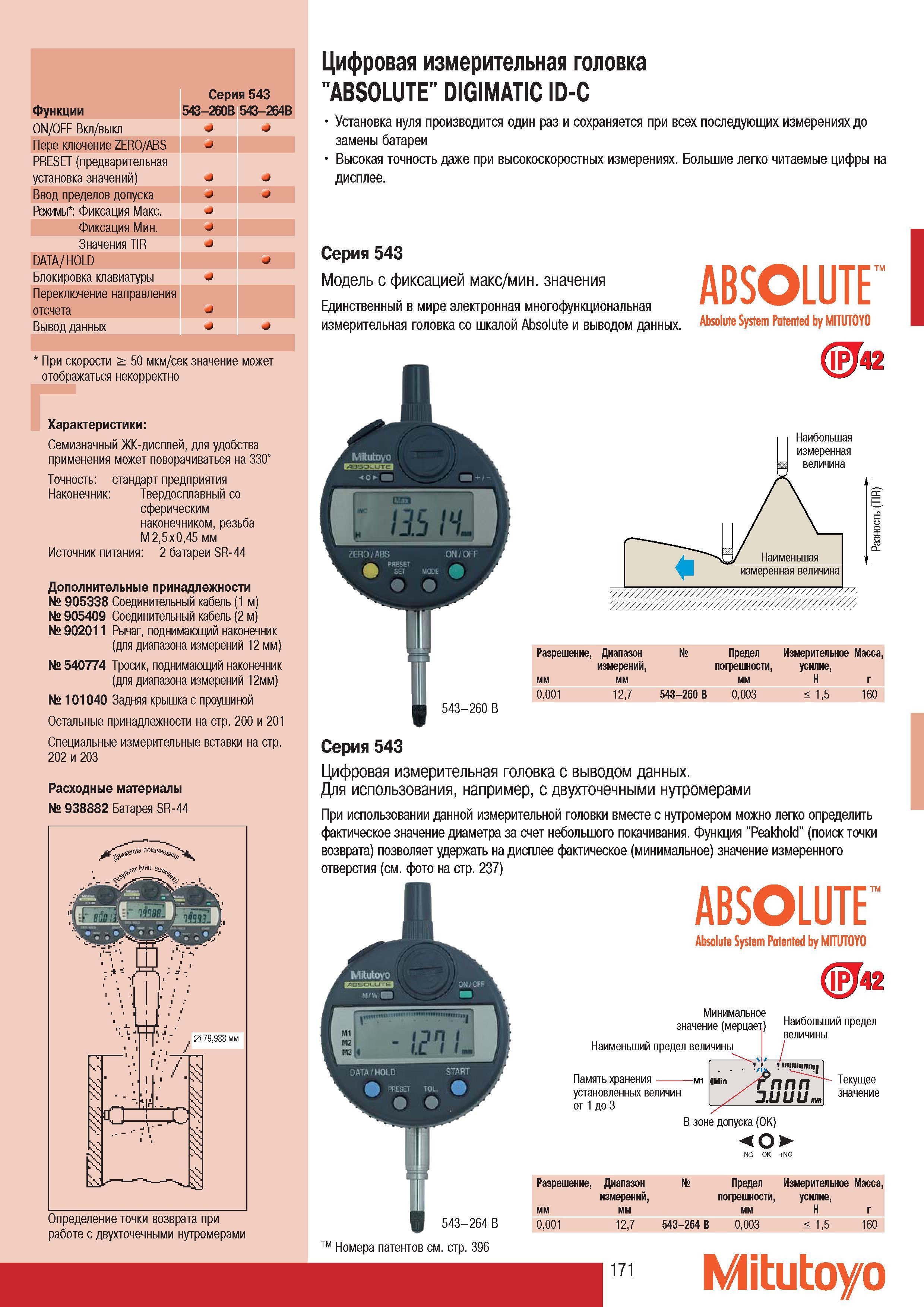 173 Цифровая измерительная головка Mitutoyo ABSOLUTE DIGIMATIC ID-C Серия 543 Модель с фиксацией макс мин. значения Разрешение Диапазон Предел Измерительное Масс Каталог MITUTOYO 2007 Средства измерений Измерительные инструменты приборы оборудование для машиностроения и промышленности Стр. 171