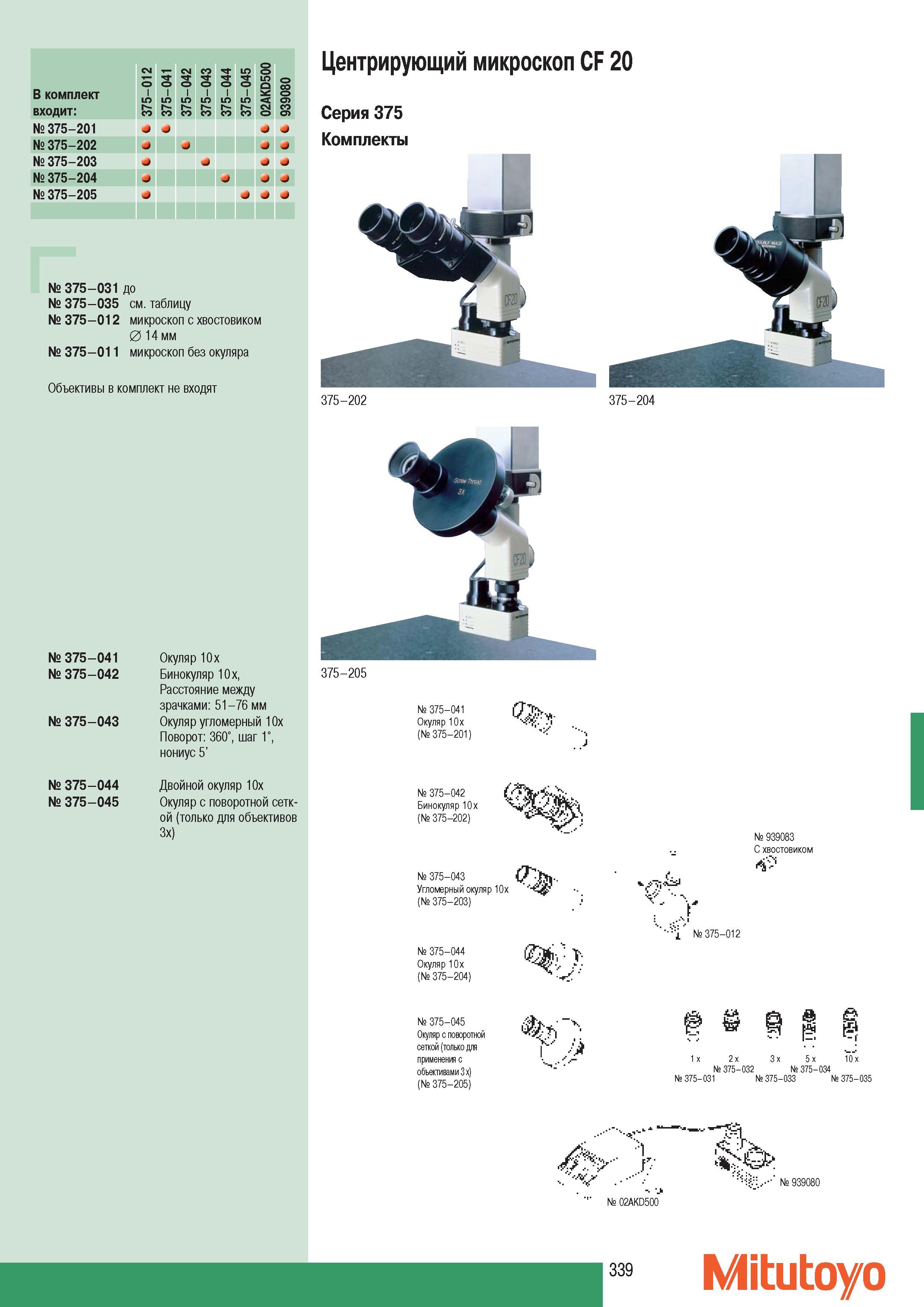 341 Центрирующий микроскоп Mitutoyo CF 20 Серия 375 Комплекты Окуляр 10x Бинокуляр 10x Расстояние между зрачками 51-76 мм Окуляр угломерный 10х Поворот 360 шаг 1 Каталог MITUTOYO 2007 Средства измерений Измерительные инструменты приборы оборудование для машиностроения и промышленности Стр. 339