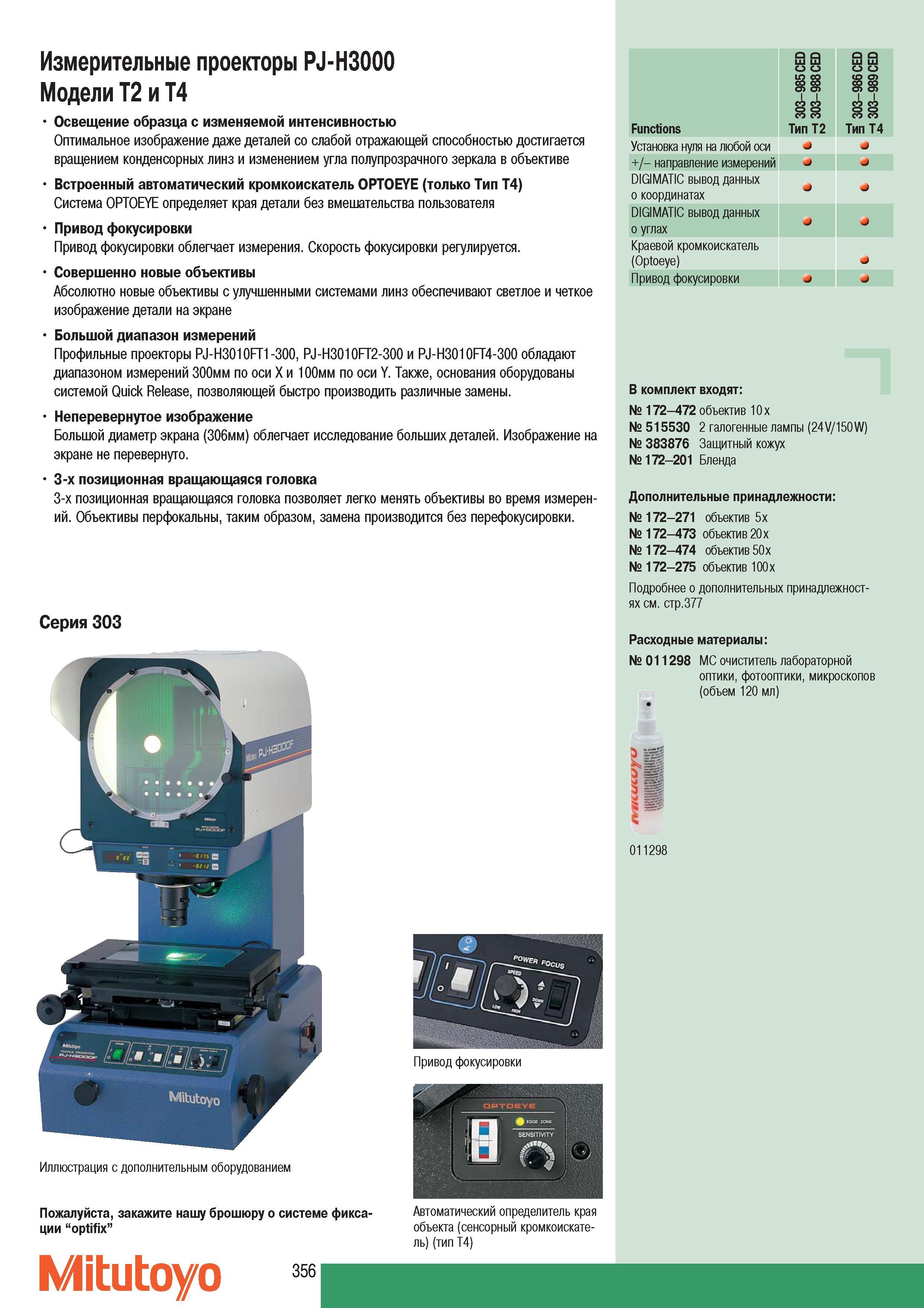 358 Измерительные проекторы Mitutoyo PJ-H3000 Модели Т2 Т4 Освещение образца с изменяемой интенсивностью Оптимальное изображение даже деталей со слабой отражающе Каталог MITUTOYO 2007 Средства измерений Измерительные инструменты приборы оборудование для машиностроения и промышленности Стр. 356