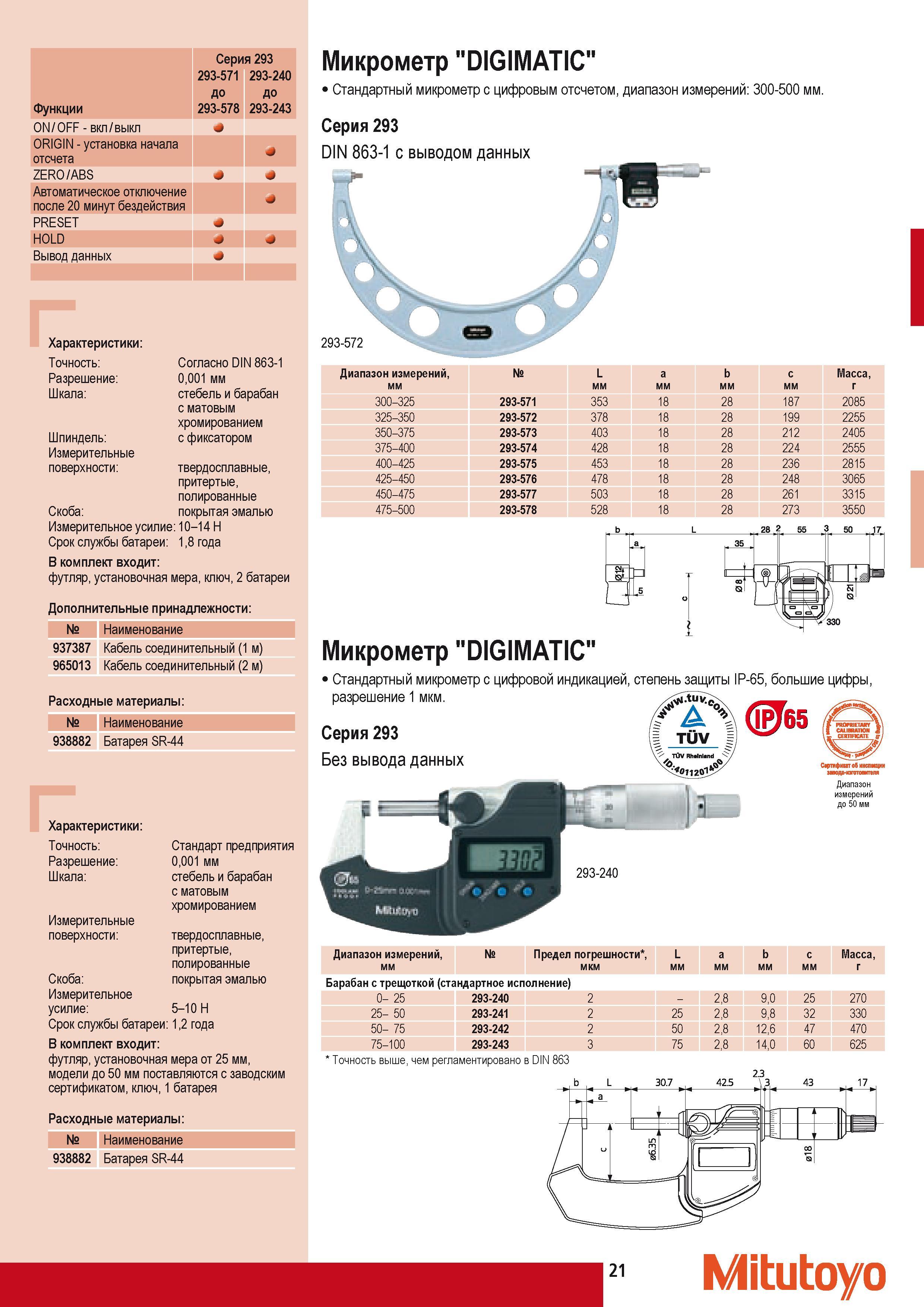 31 Микрометрический стандартный инструмент Mitutoyo Digimatic с цифровым отсчетом для проведения наружных измерений Серия 293 Диапазон измерений 300-500 мм DIN Каталог MITUTOYO 2009 Средства измерений измерительный инструмент приборы оборудование для машиностроения и металлообработки Стр. 21