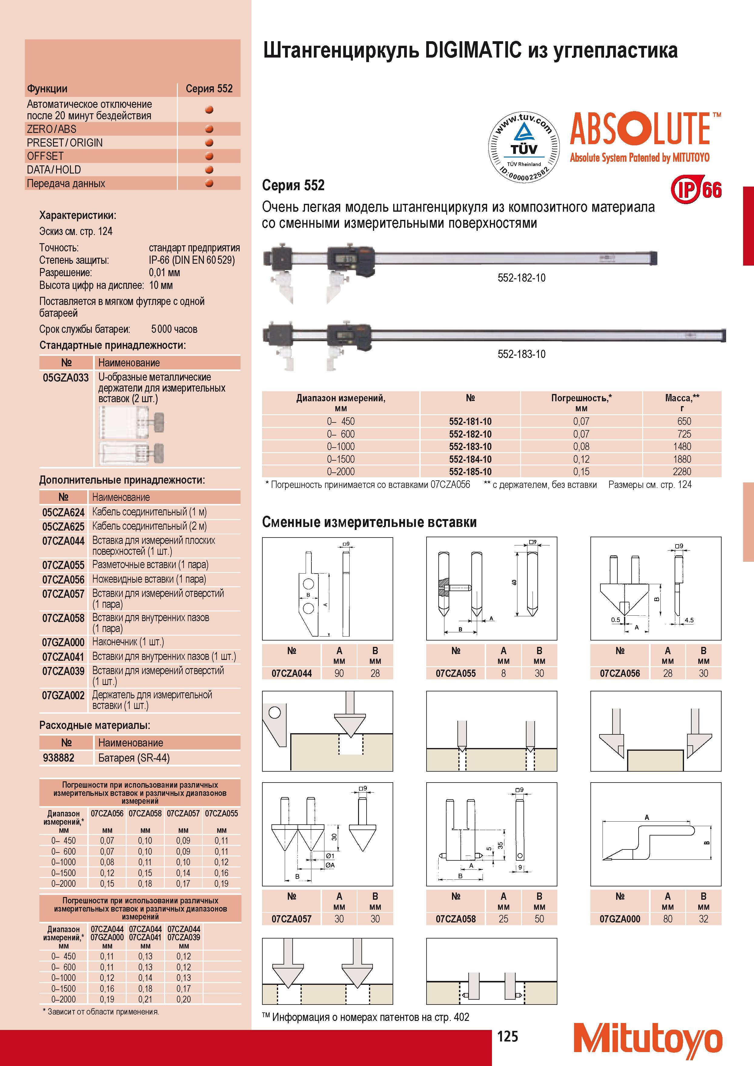 135 Штангенциркуль Mitutoyo DIGIMATIC из углепластика Функции Серия 552 Очень легкая модель штангенциркуля из композитного материала со сменными измерительными п Каталог MITUTOYO 2009 Средства измерений измерительный инструмент приборы оборудование для машиностроения и металлообработки Стр. 125
