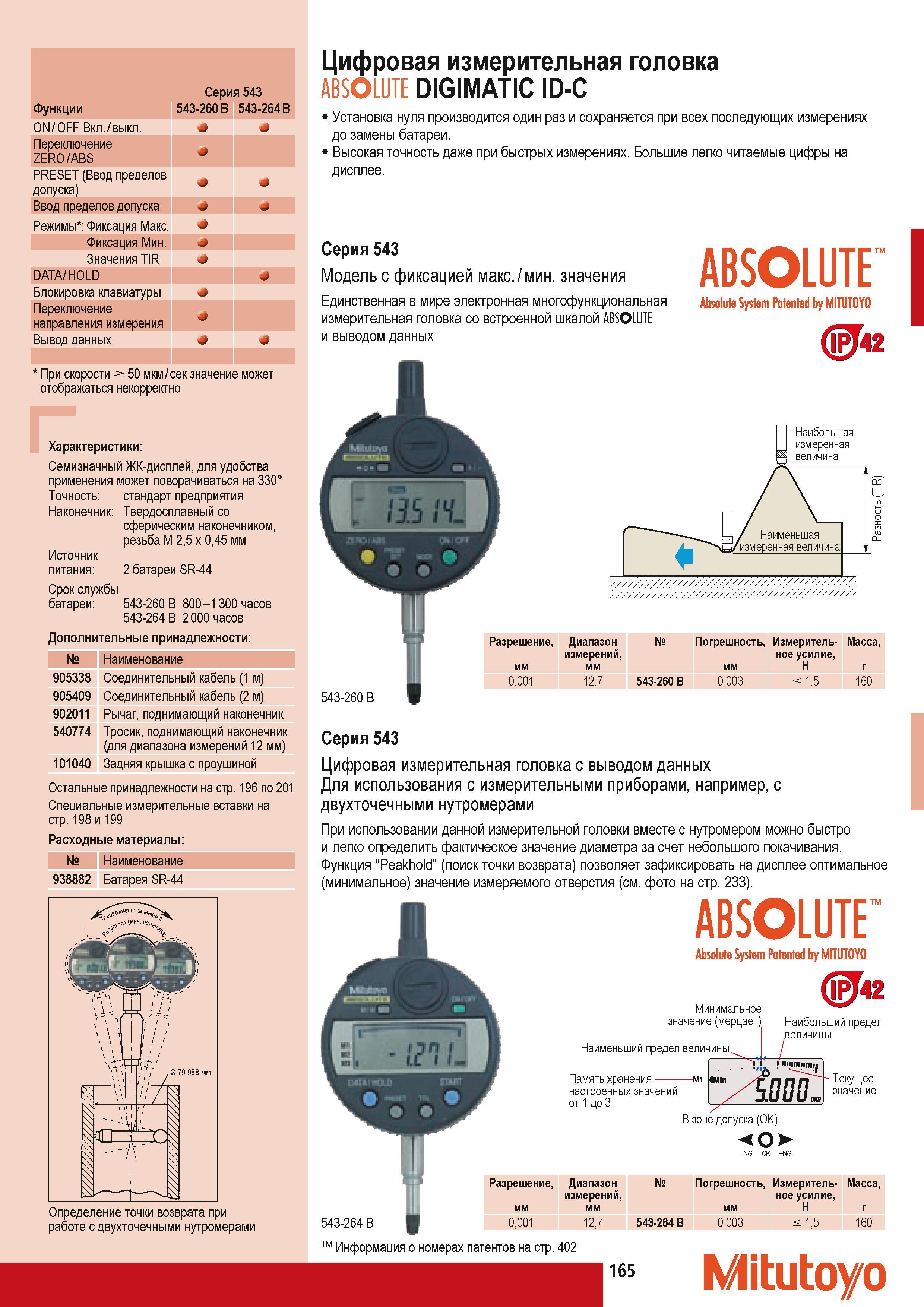 175 Цифровая измерительная головка Mitutoyo ABSOLUTE DIGIMATIC ID-C Установка нуля производится один раз и сохраняется при всех последующих измерениях до замены Каталог MITUTOYO 2009 Средства измерений измерительный инструмент приборы оборудование для машиностроения и металлообработки Стр. 165