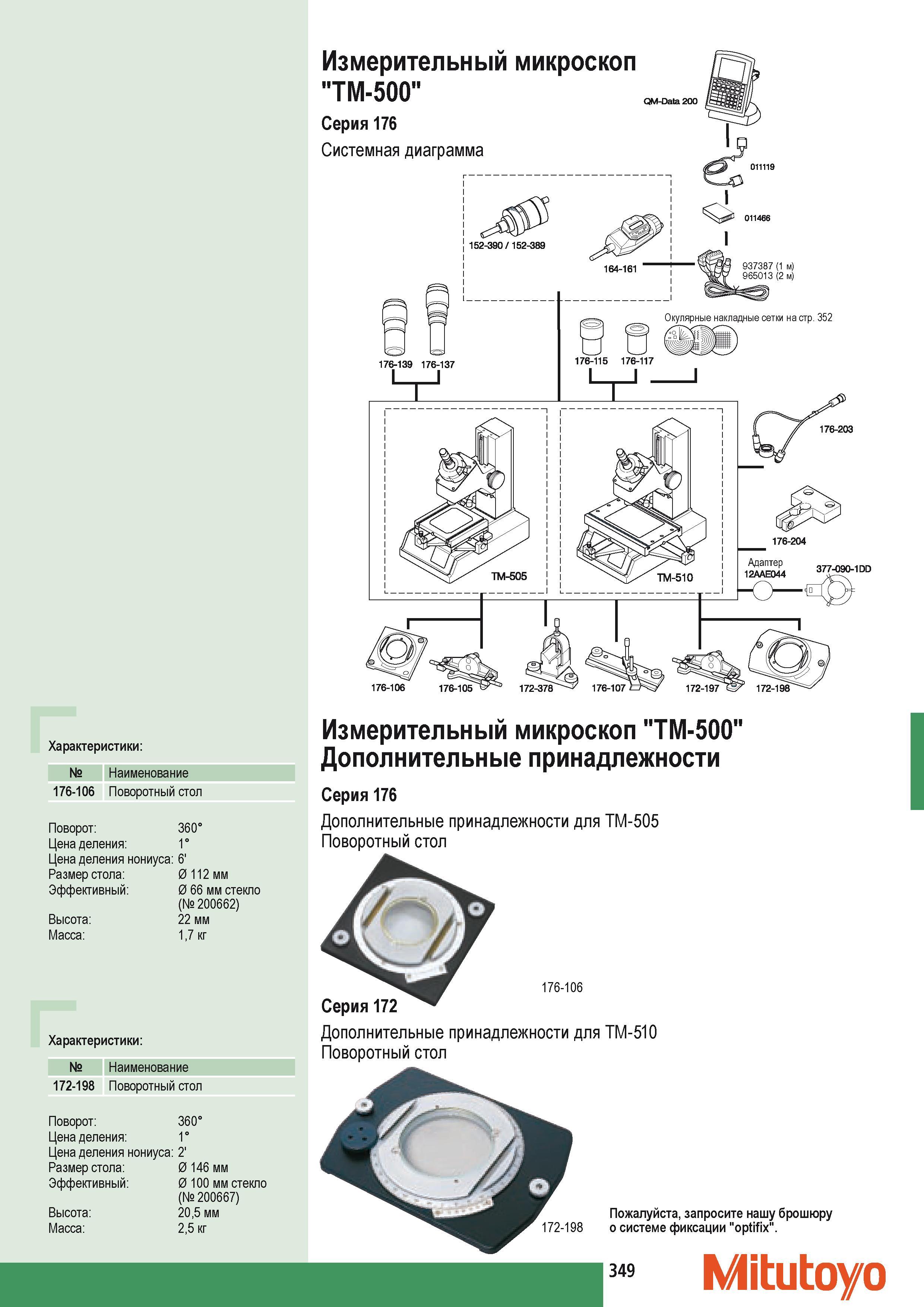 359 Характеристики Измерительный микроскоп Mitutoyo TM-500 Cерия 176 Системная диаграмма 377-090-1DD 176-106 176-105 Наименование 176-106 Поворотный стол Поворот Каталог MITUTOYO 2009 Средства измерений измерительный инструмент приборы оборудование для машиностроения и металлообработки Стр. 349